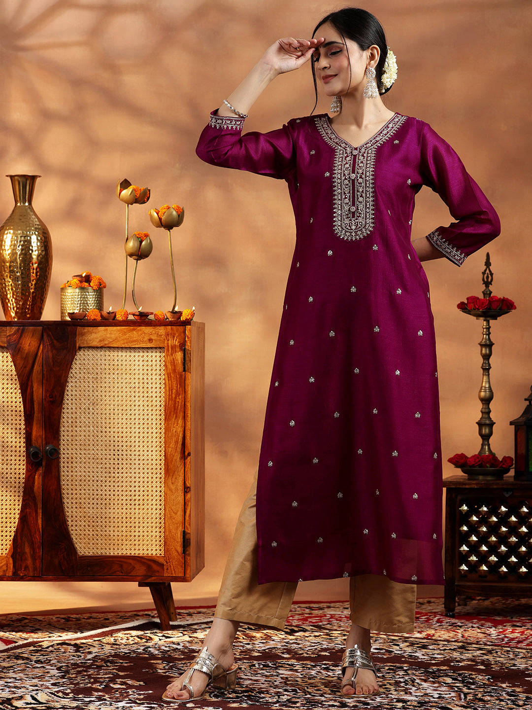 Maroon Embroidered Silk Straight Kurta