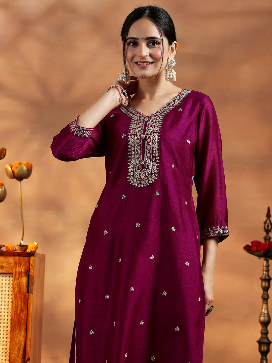 Maroon Embroidered Silk Straight Kurta