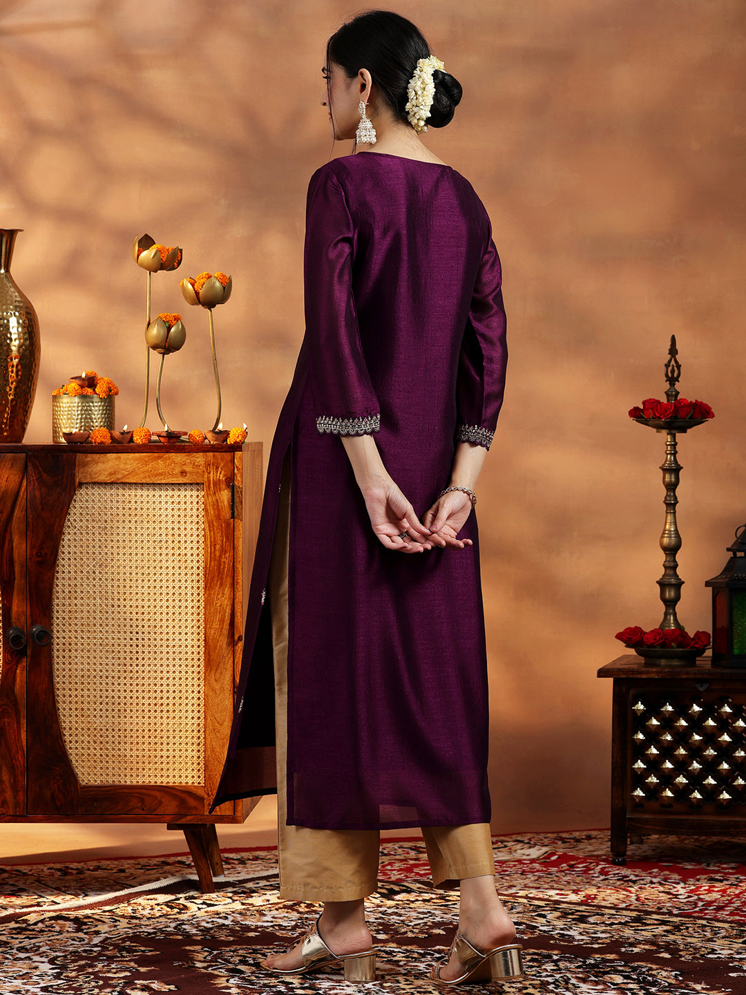 Wine Embroidered Silk Straight Kurta