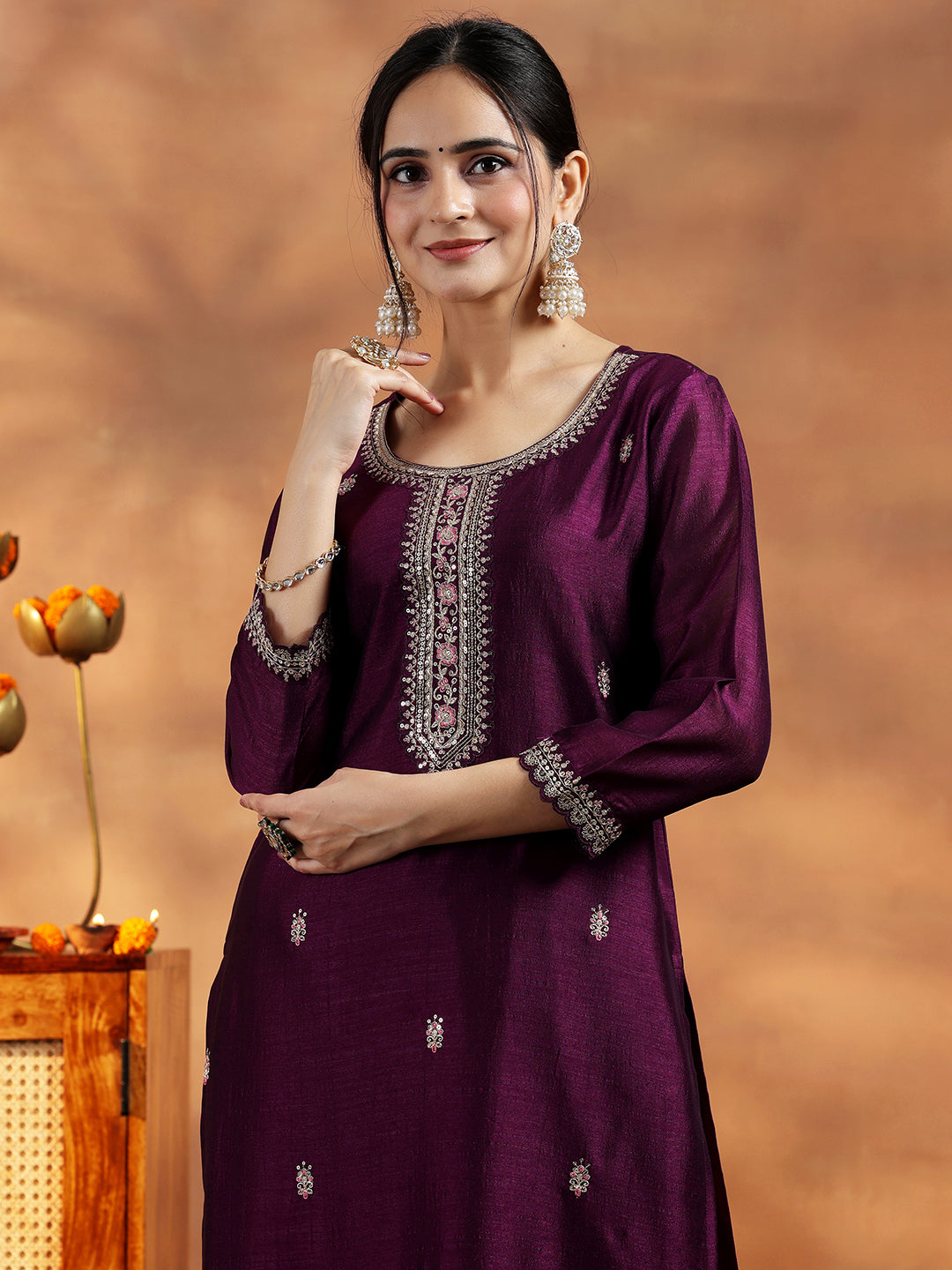 Wine Embroidered Silk Straight Kurta