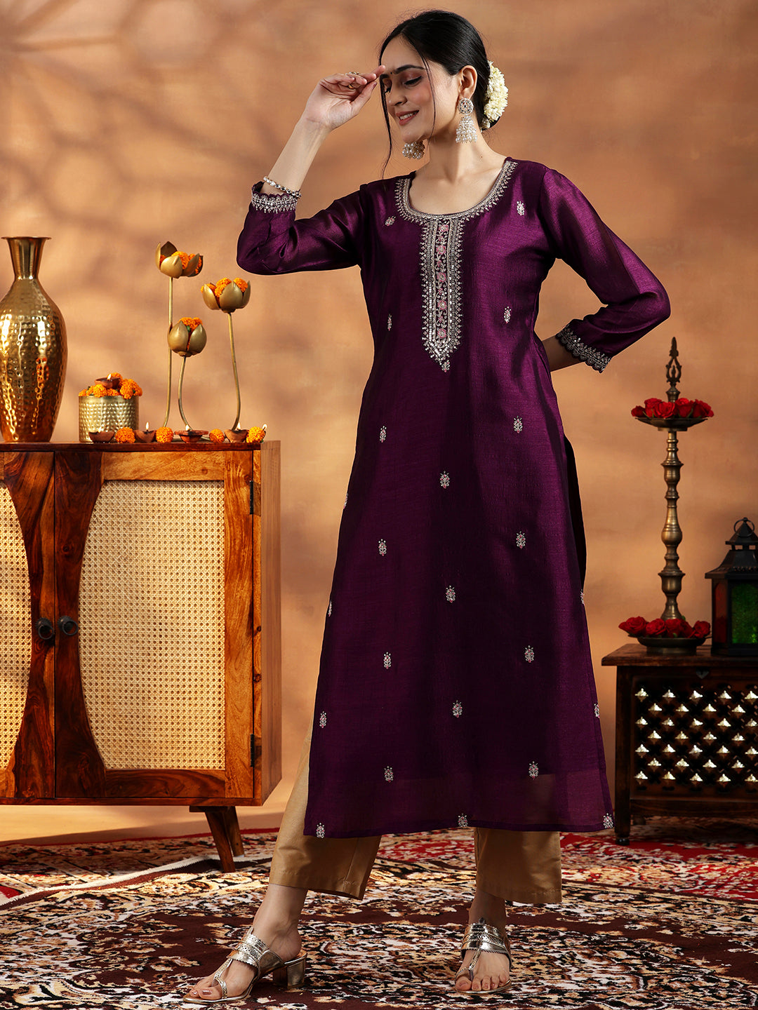 Wine Embroidered Silk Straight Kurta