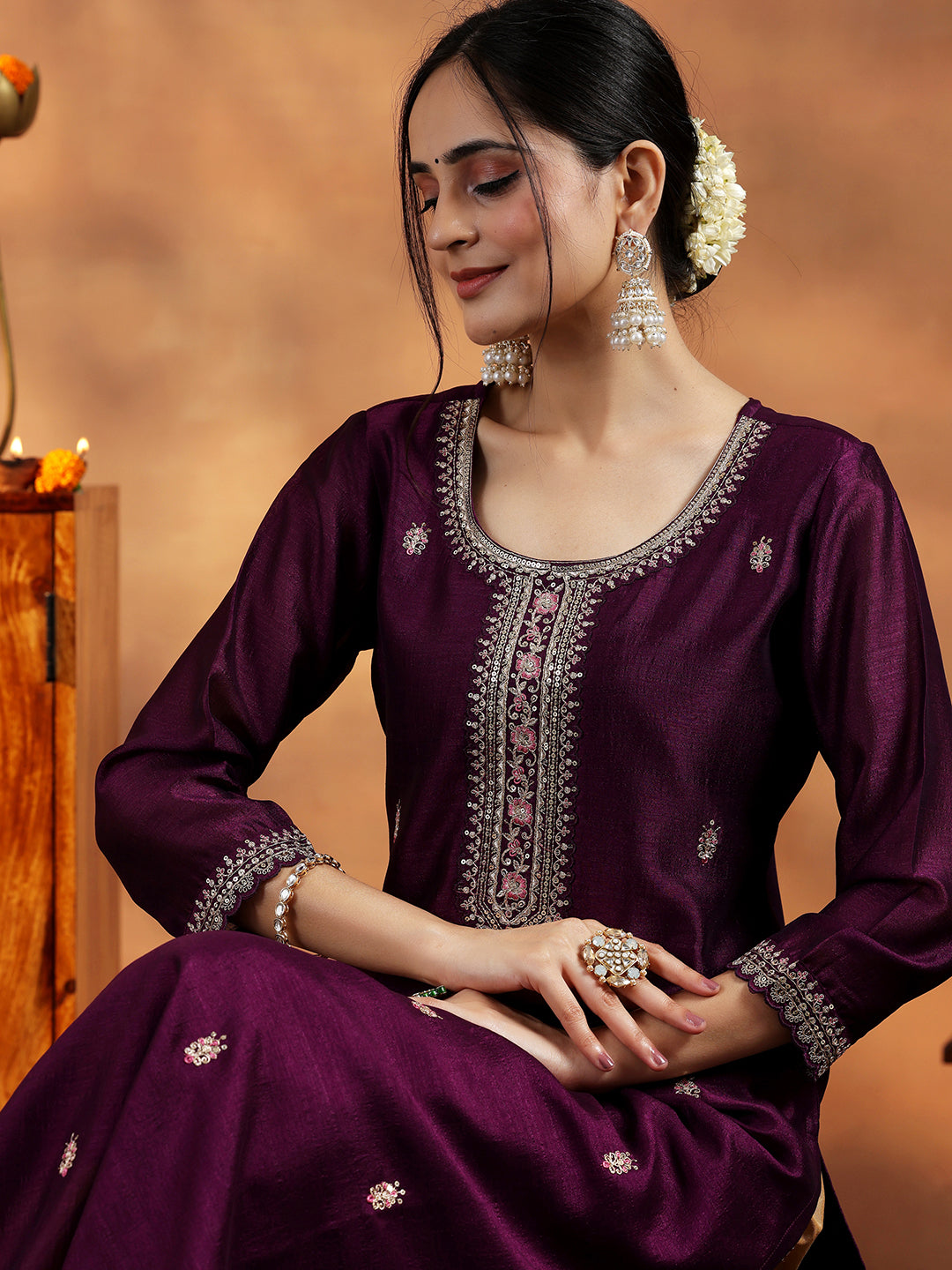 Wine Embroidered Silk Straight Kurta