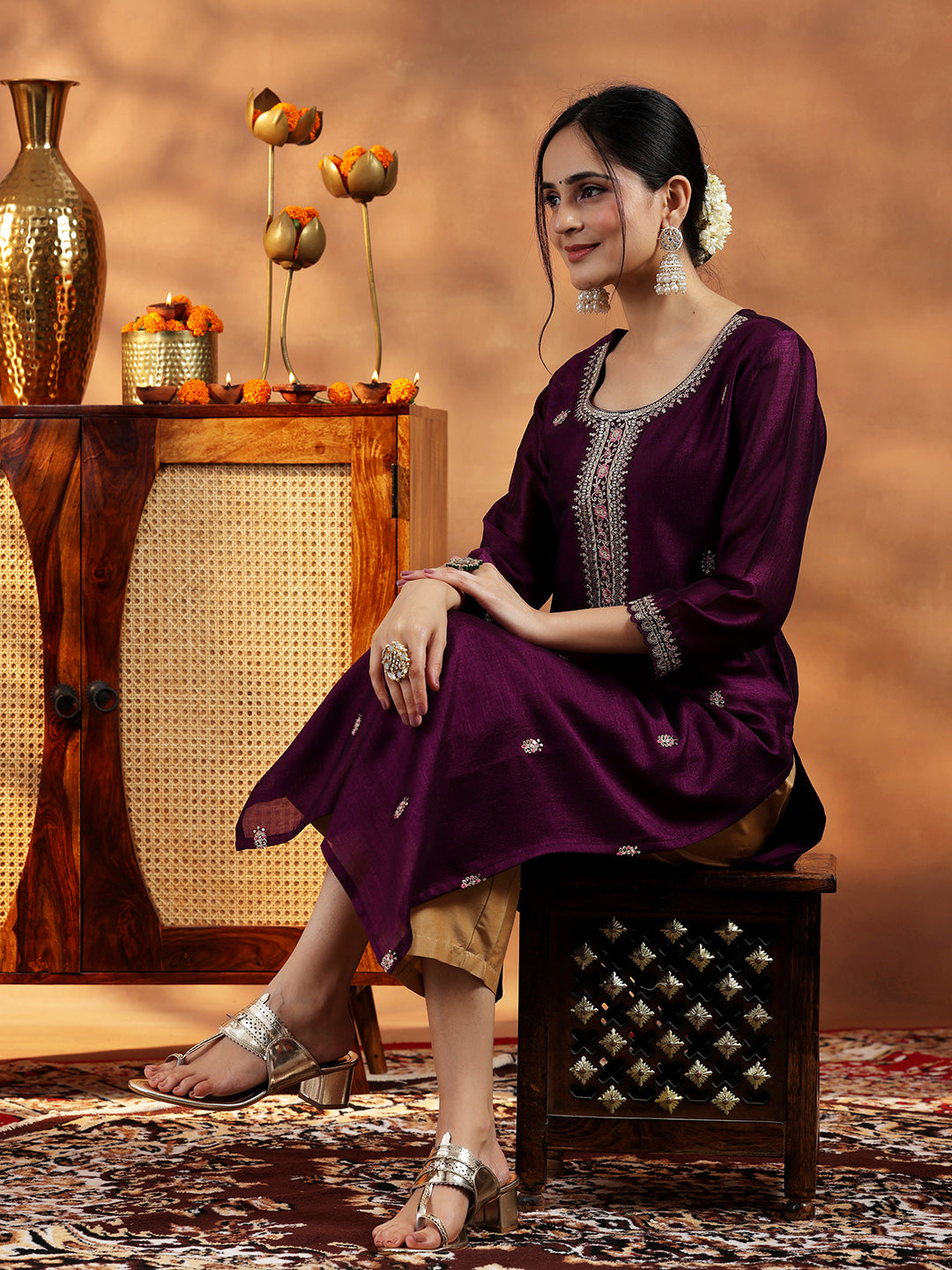 Wine Embroidered Silk Straight Kurta