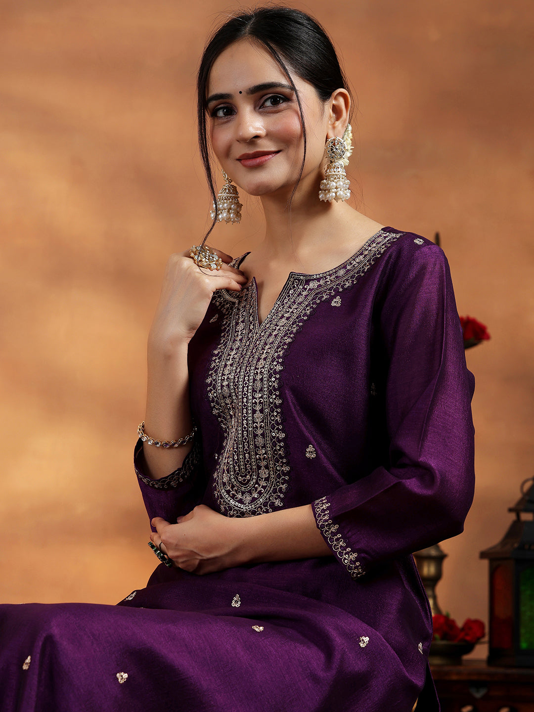 Wine Embroidered Silk Straight Kurta