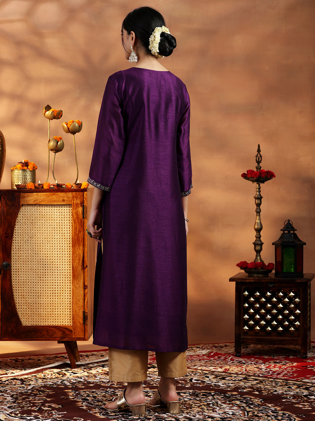 Wine Embroidered Silk Straight Kurta