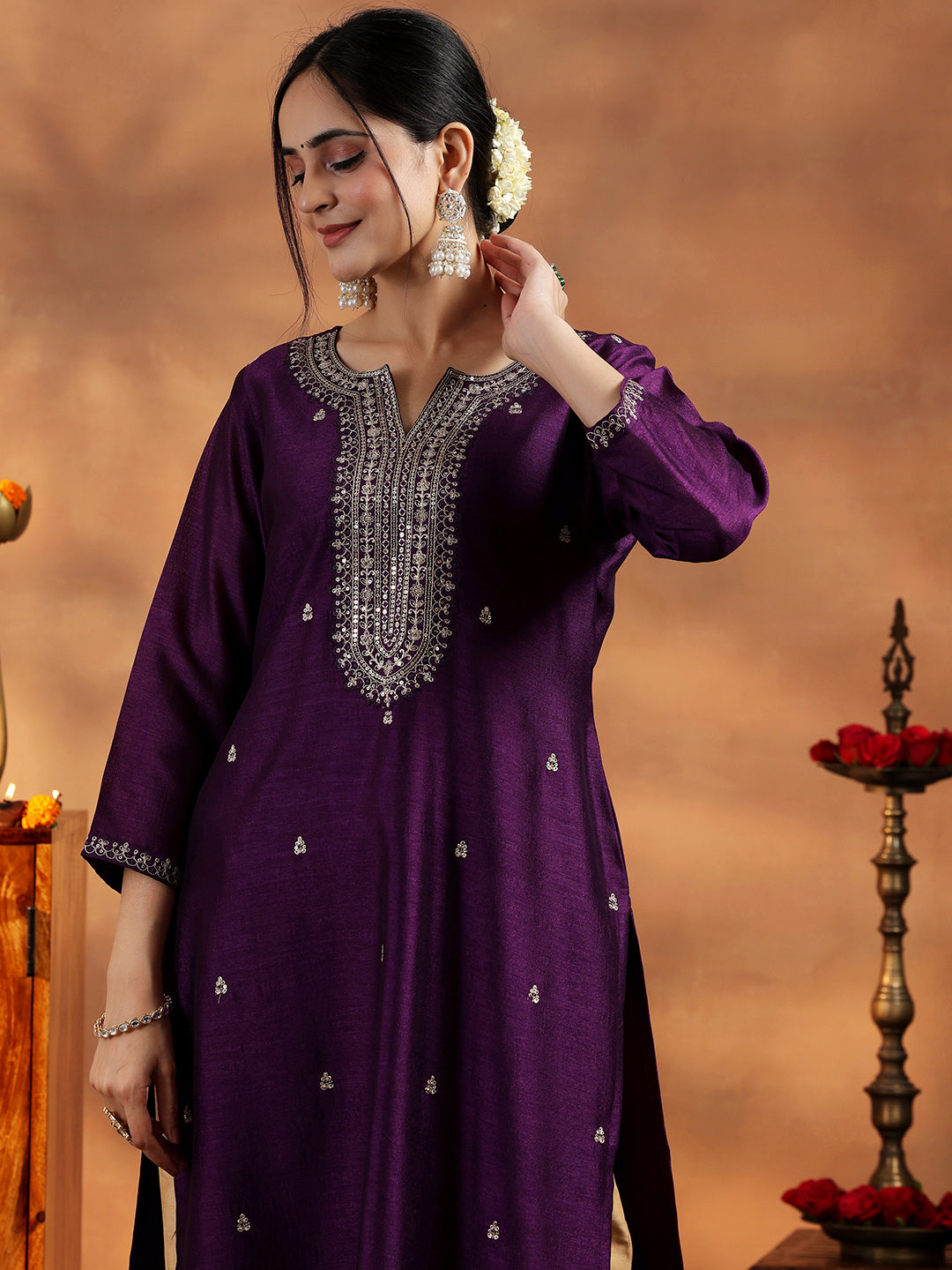 Wine Embroidered Silk Straight Kurta