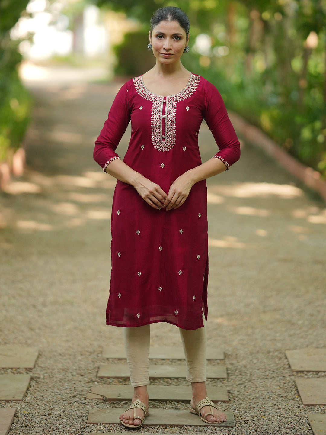 Maroon Embroidered Silk Straight Kurta