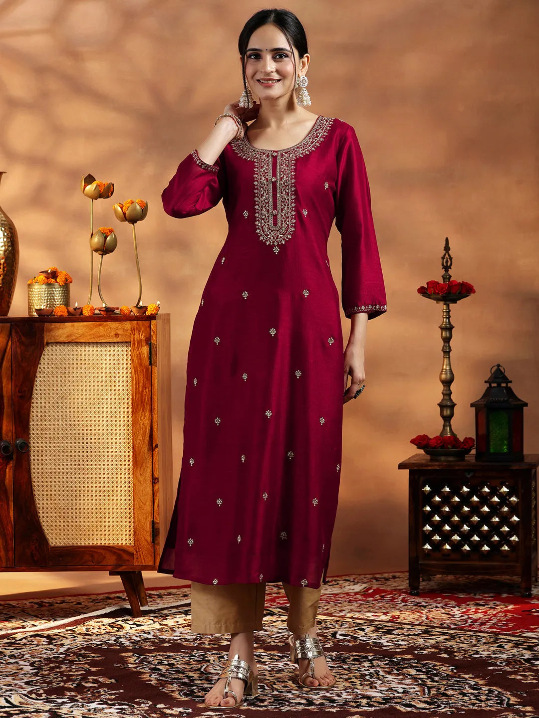 Maroon Embroidered Silk Straight Kurta