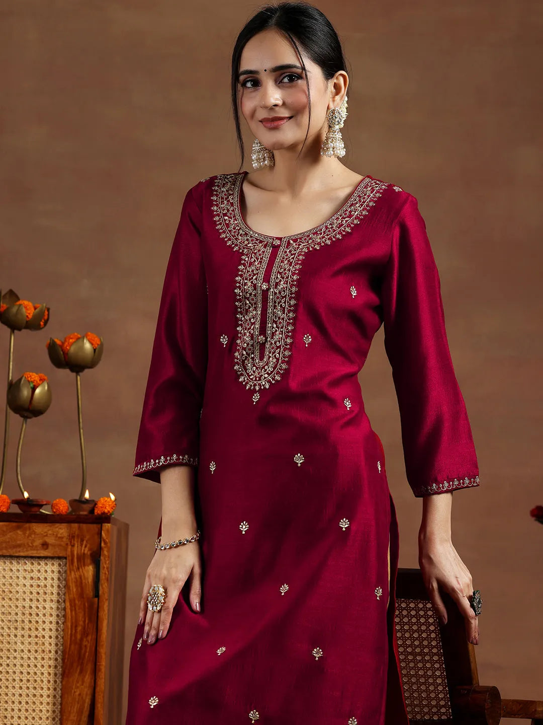 Maroon Embroidered Silk Straight Kurta