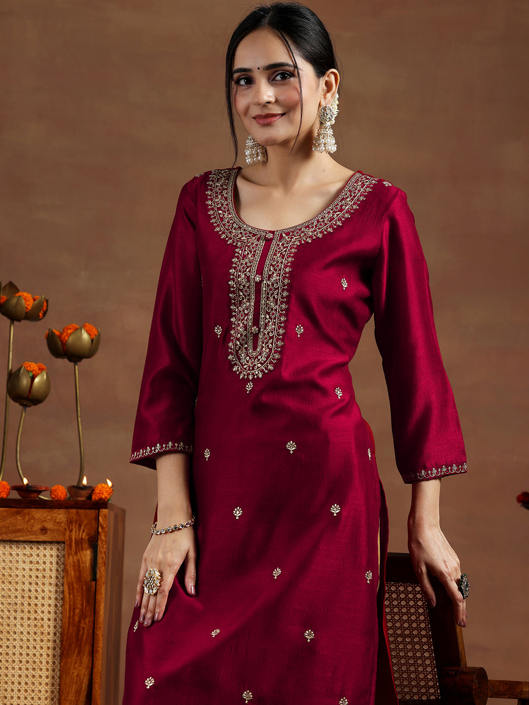 Maroon Embroidered Silk Straight Kurta