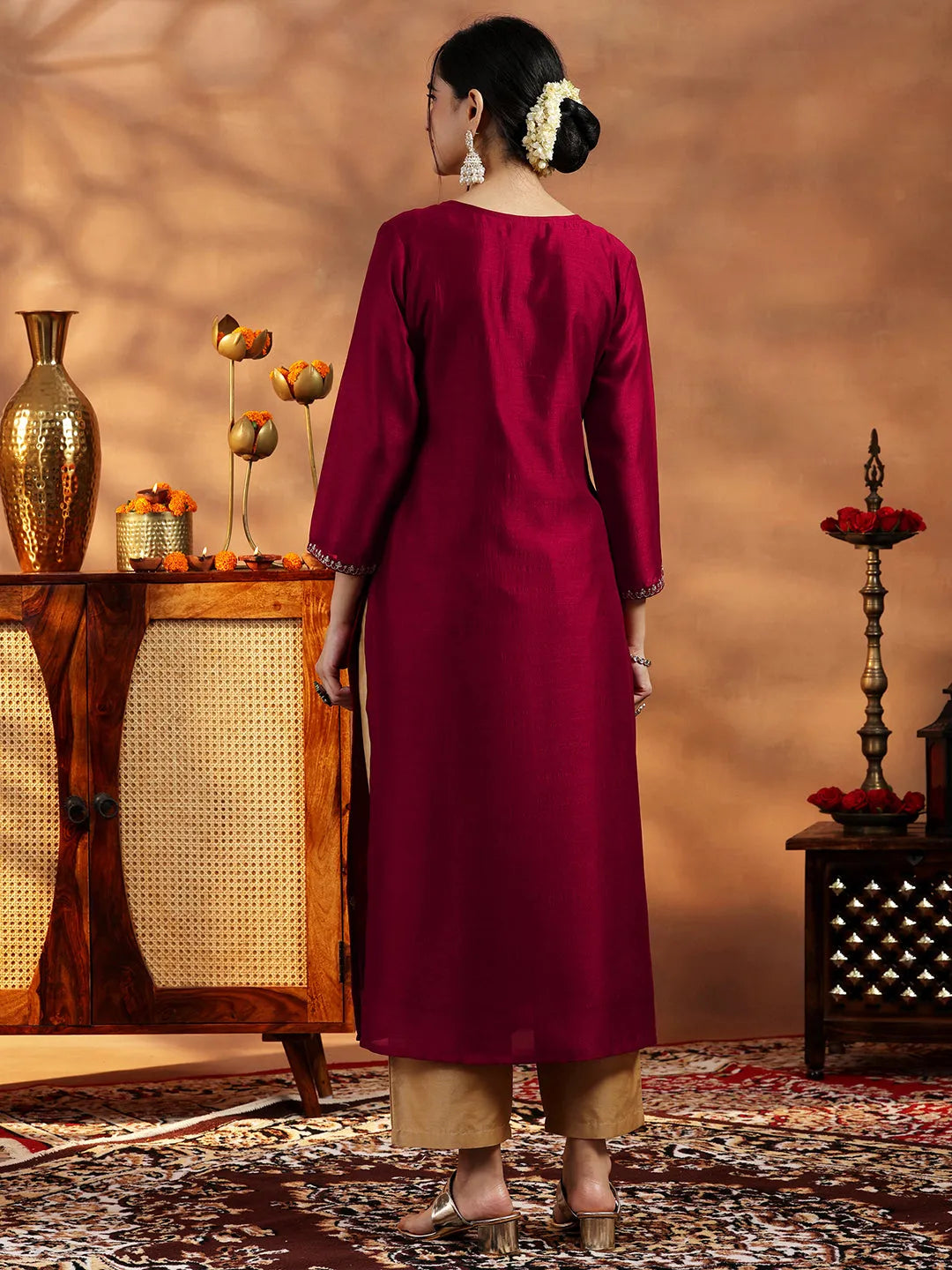 Maroon Embroidered Silk Straight Kurta