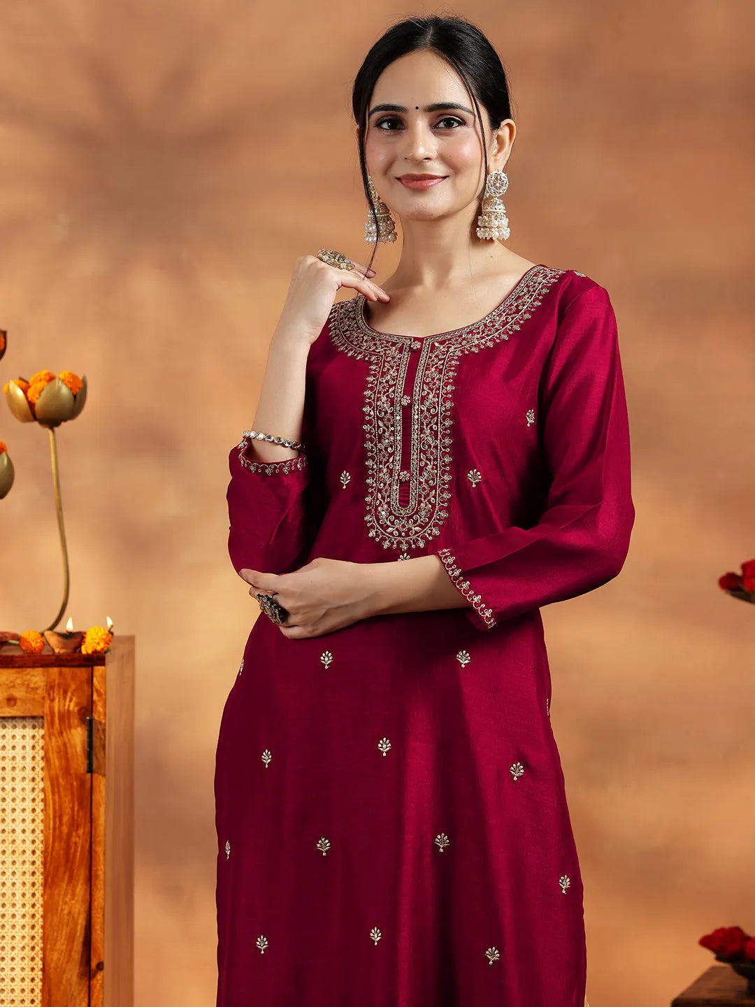 Maroon Embroidered Silk Straight Kurta