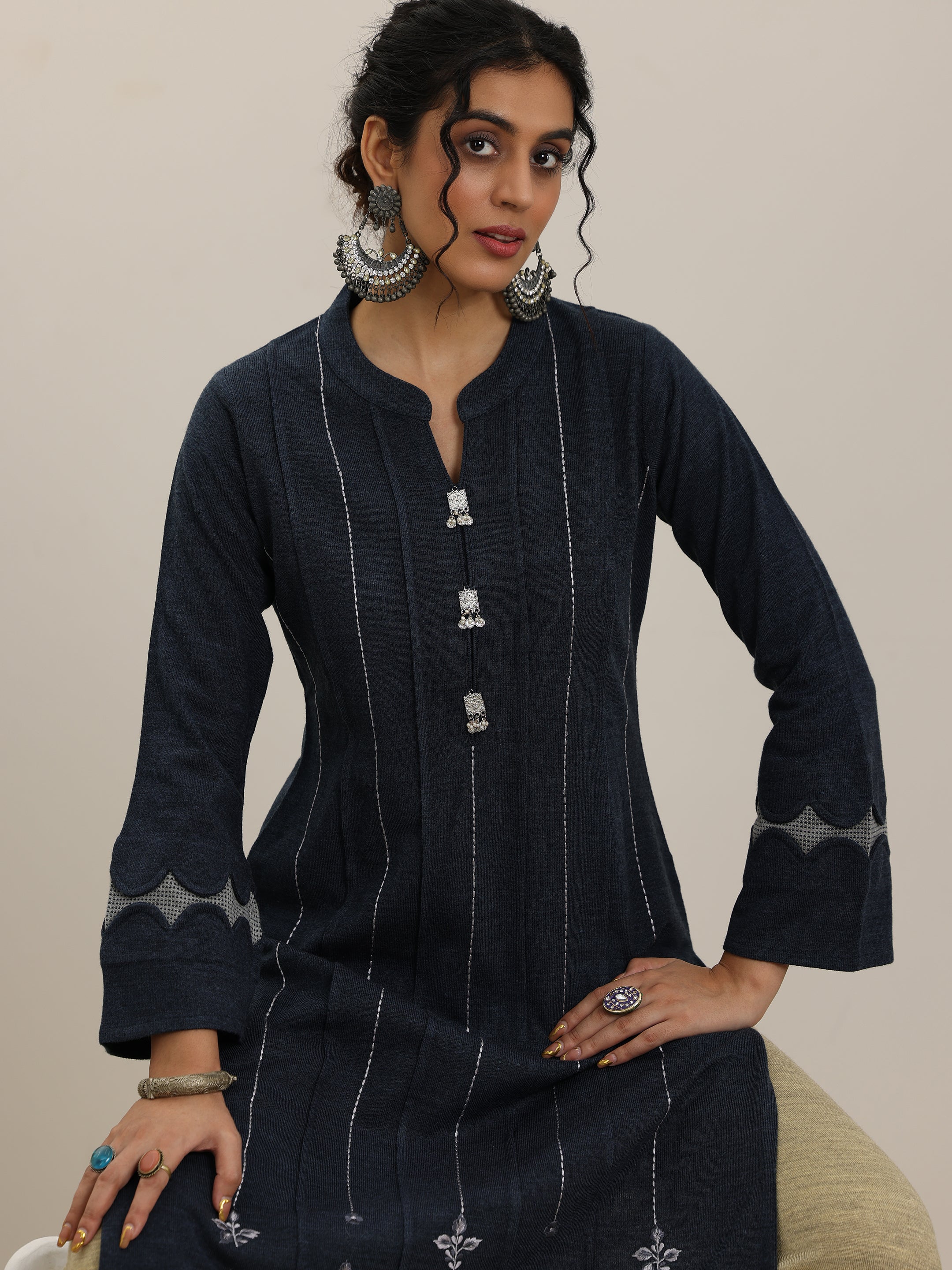 Grey Embroidered Wool Straight Kurta