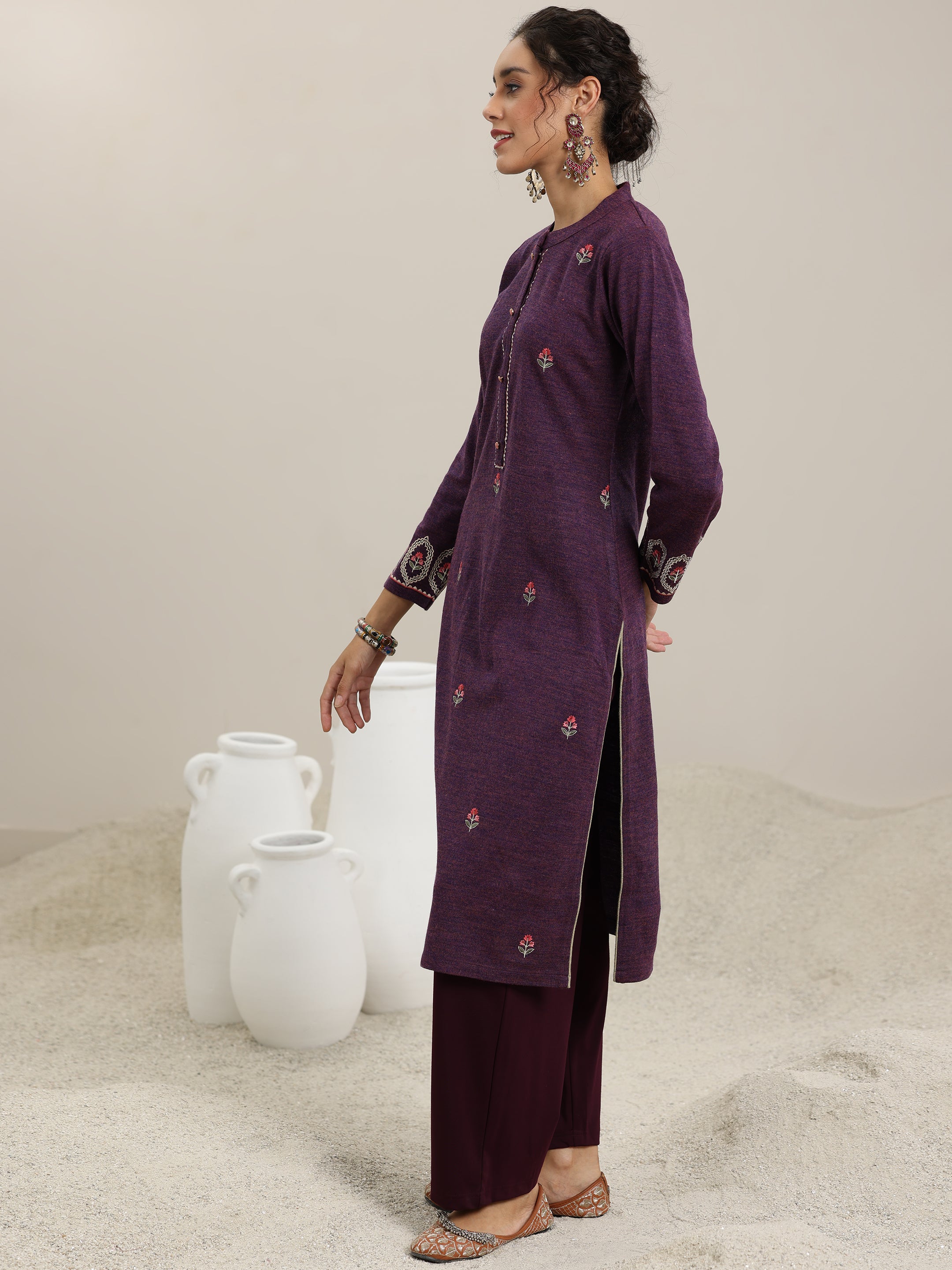 Wine Embroidered Wool Straight Kurta