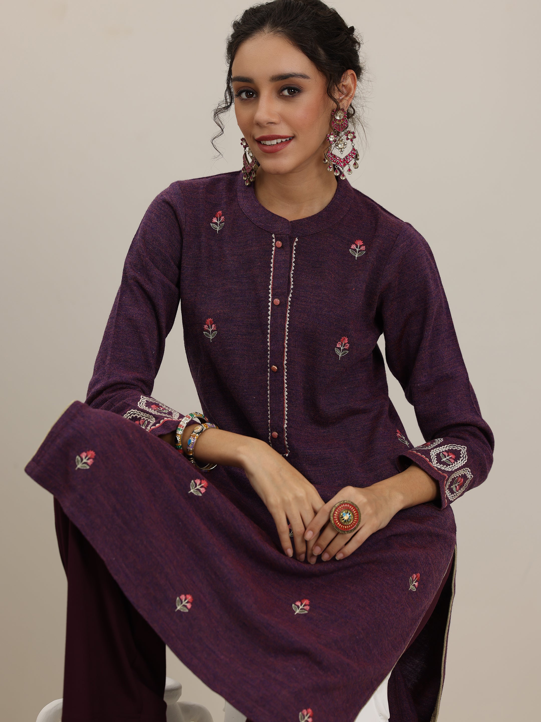 Wine Embroidered Wool Straight Kurta