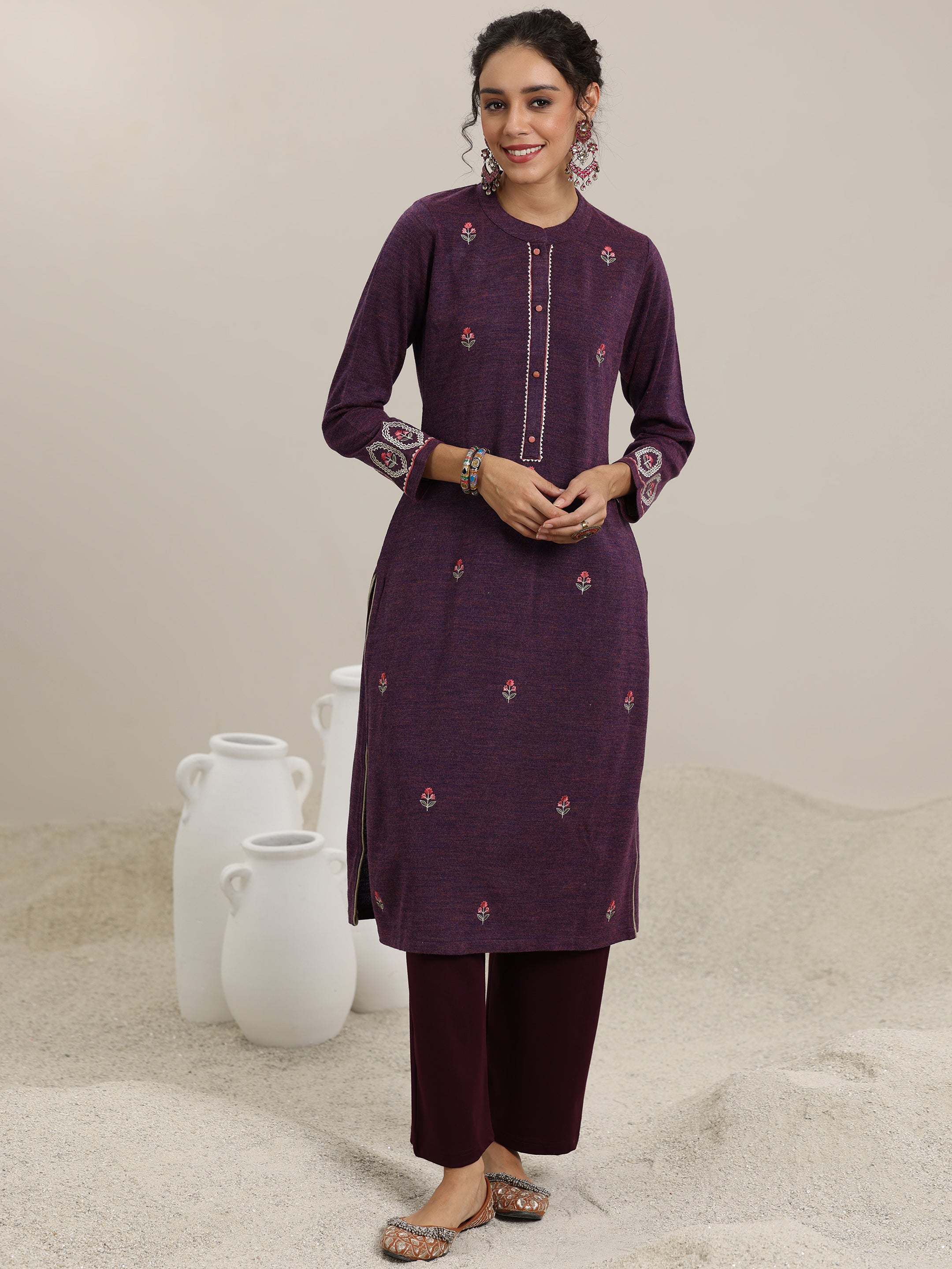 Wine Embroidered Wool Straight Kurta