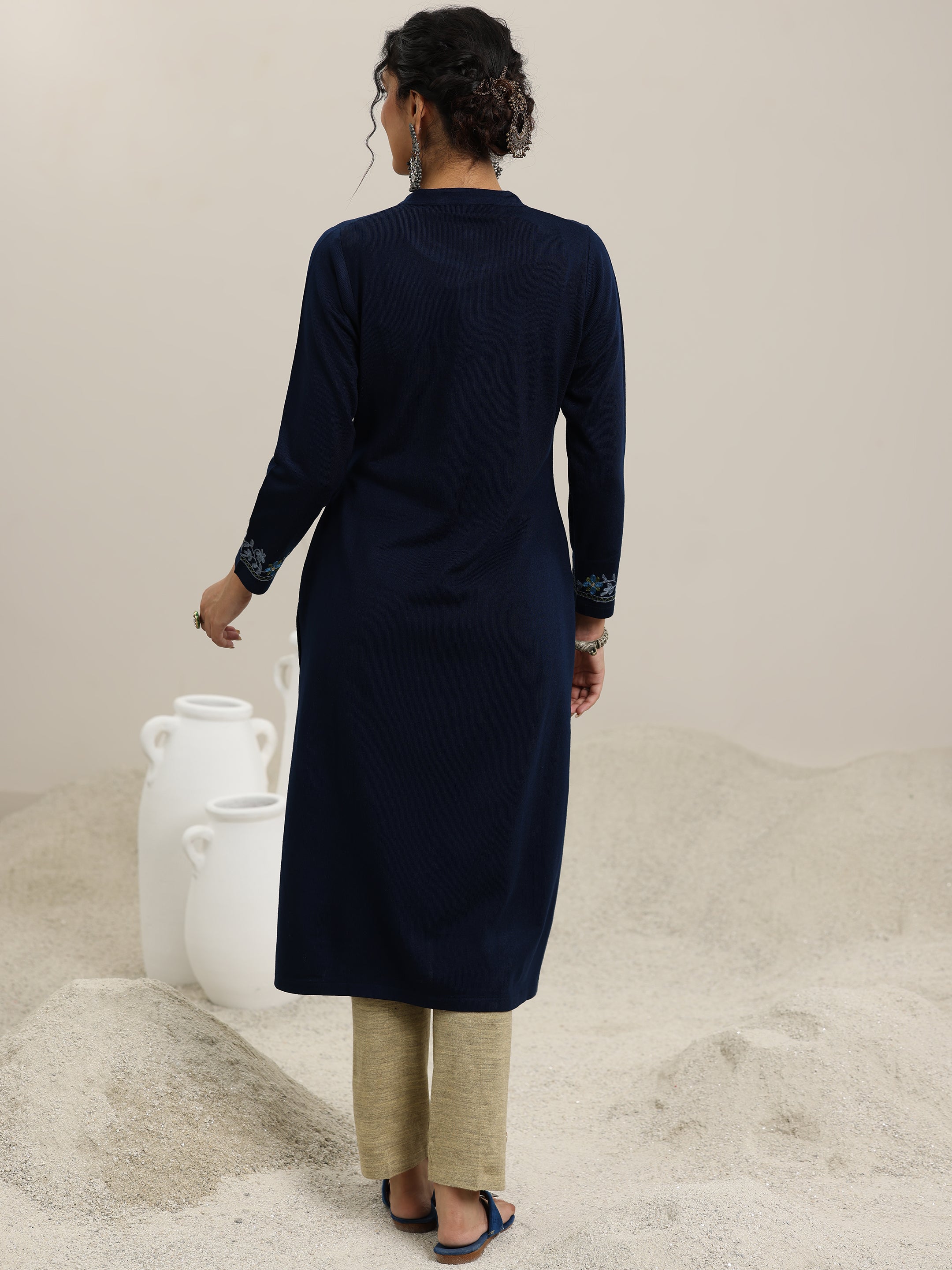 Blue Embroidered Wool Straight Kurta