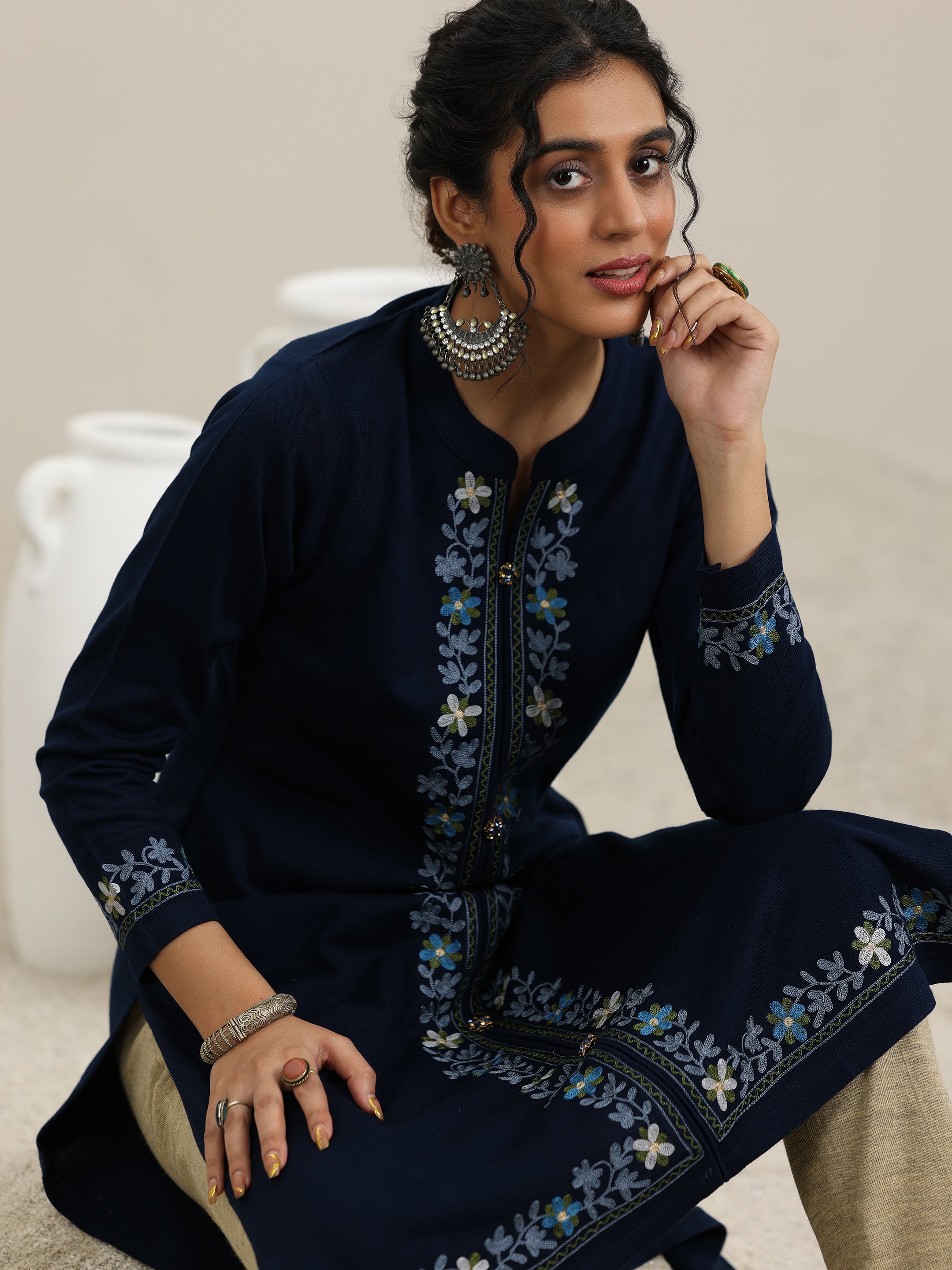 Blue Embroidered Wool Straight Kurta