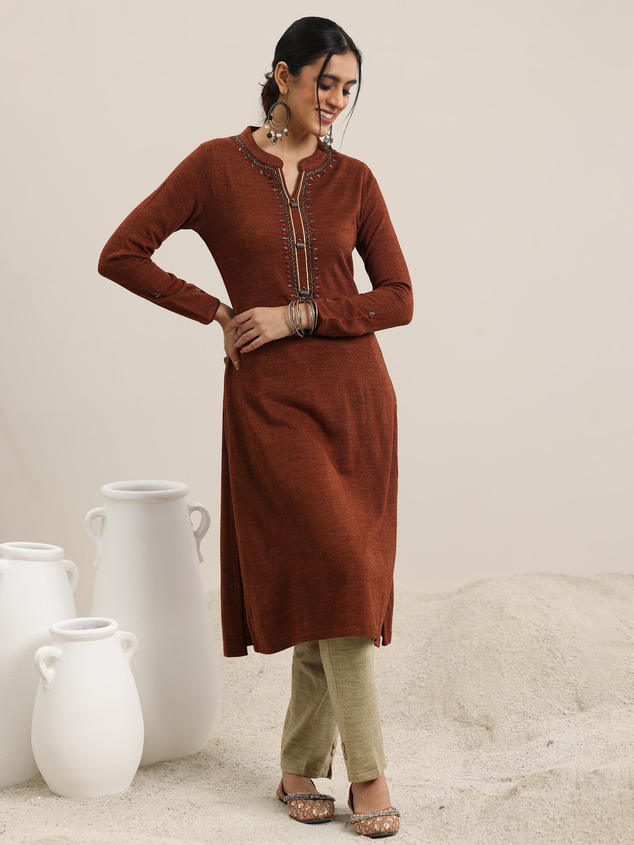 Rust Yoke Design Wool Straight Kurta