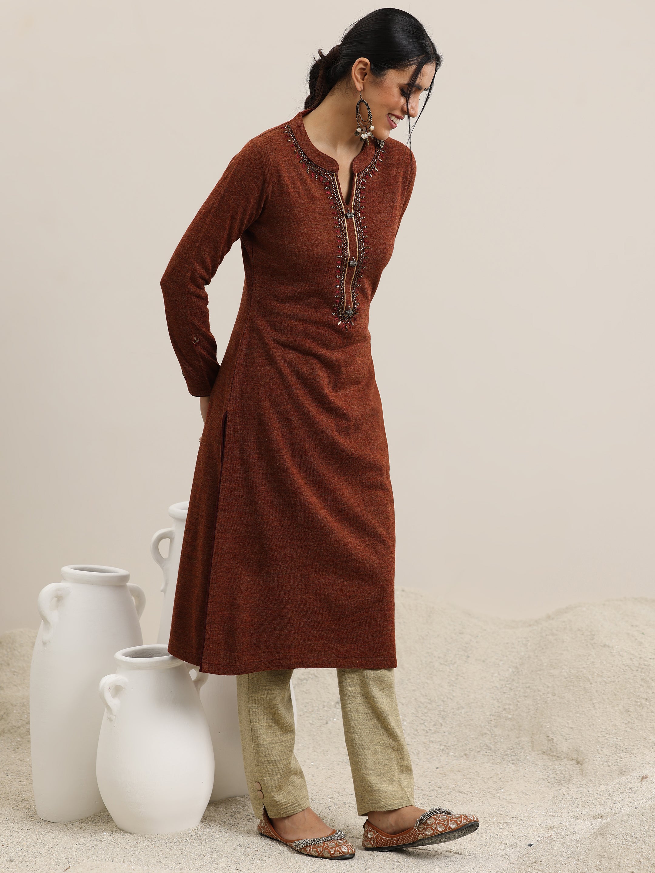 Rust Yoke Design Wool Straight Kurta