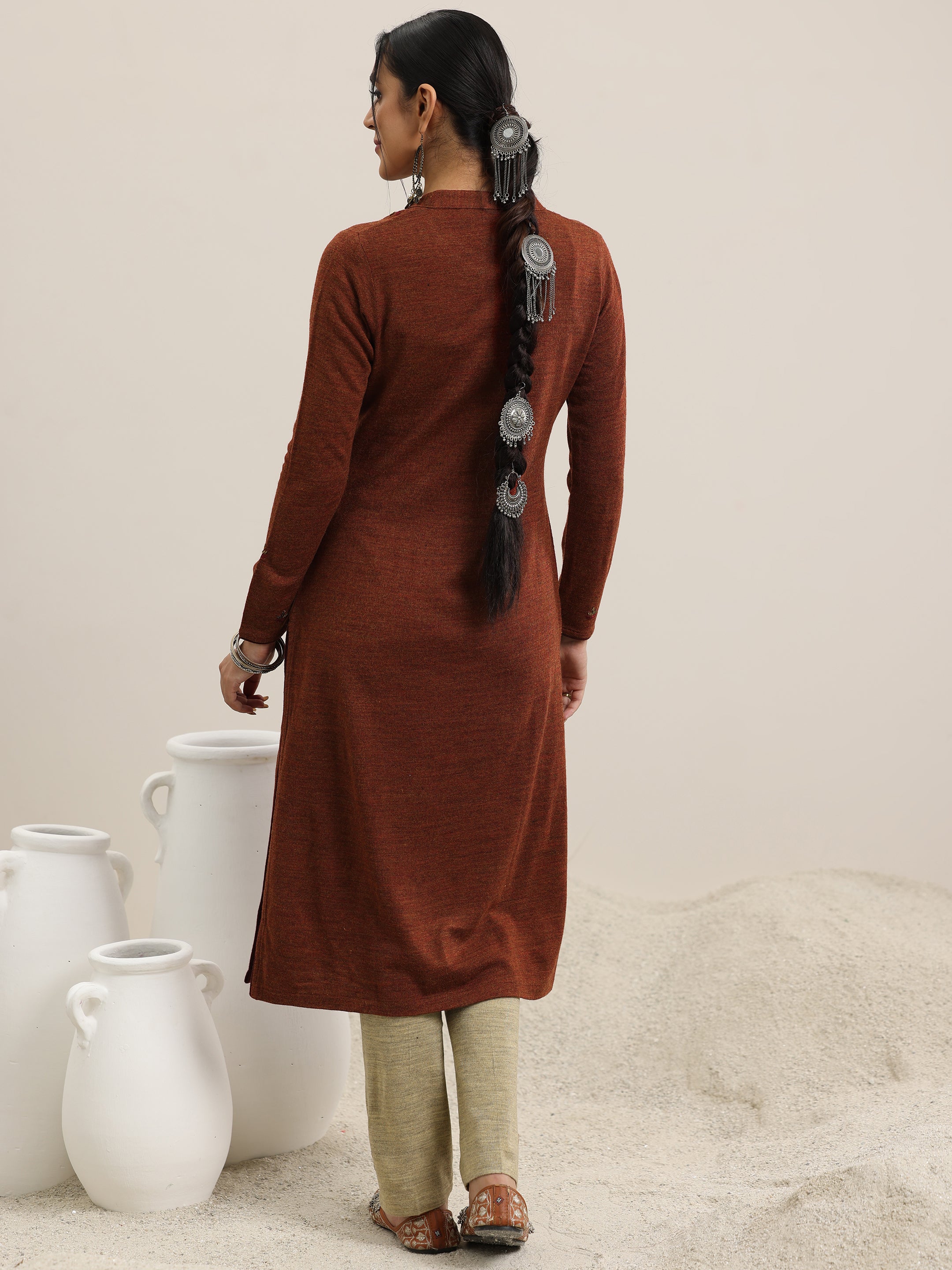 Rust Yoke Design Wool Straight Kurta