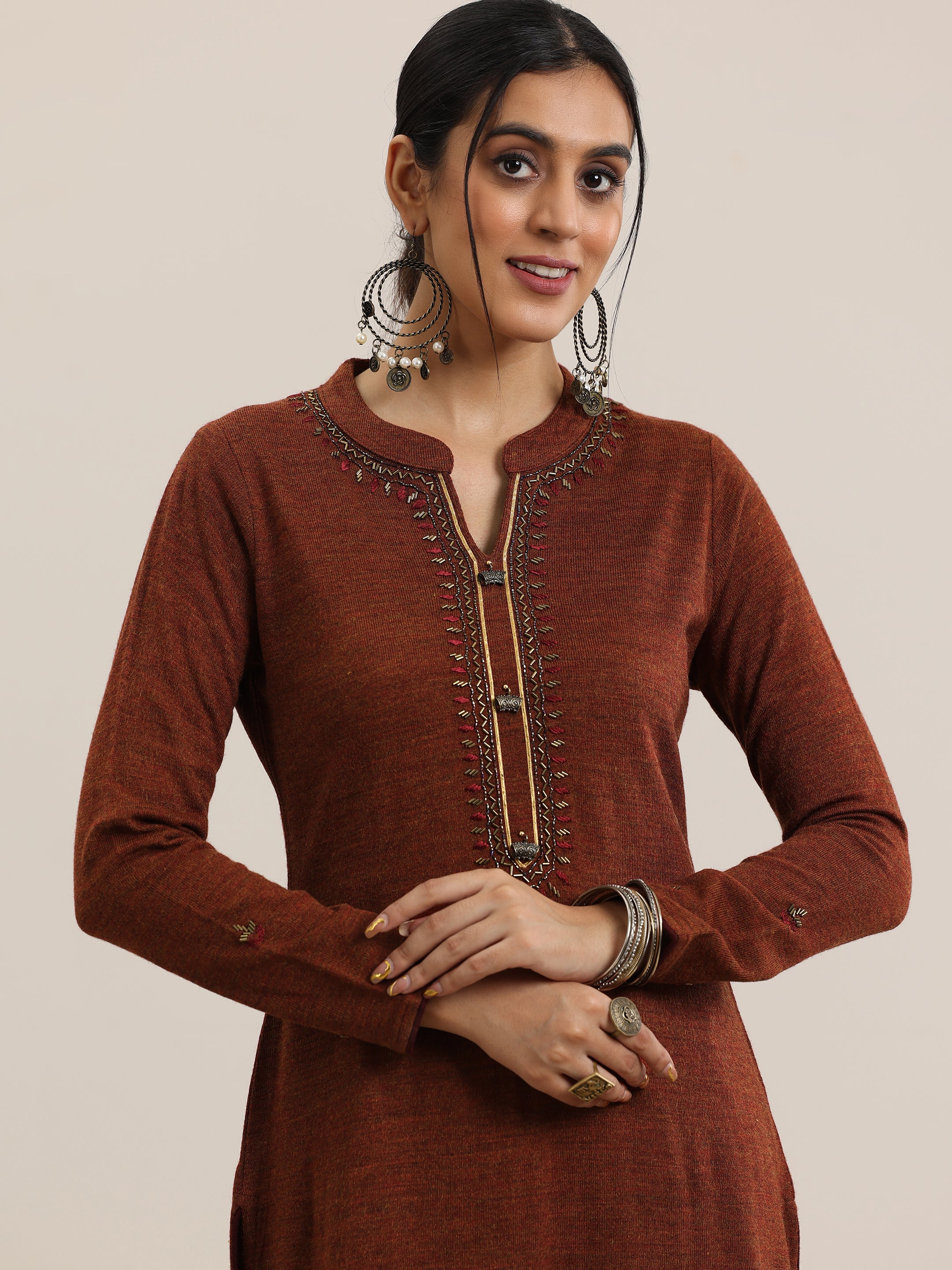 Rust Yoke Design Wool Straight Kurta