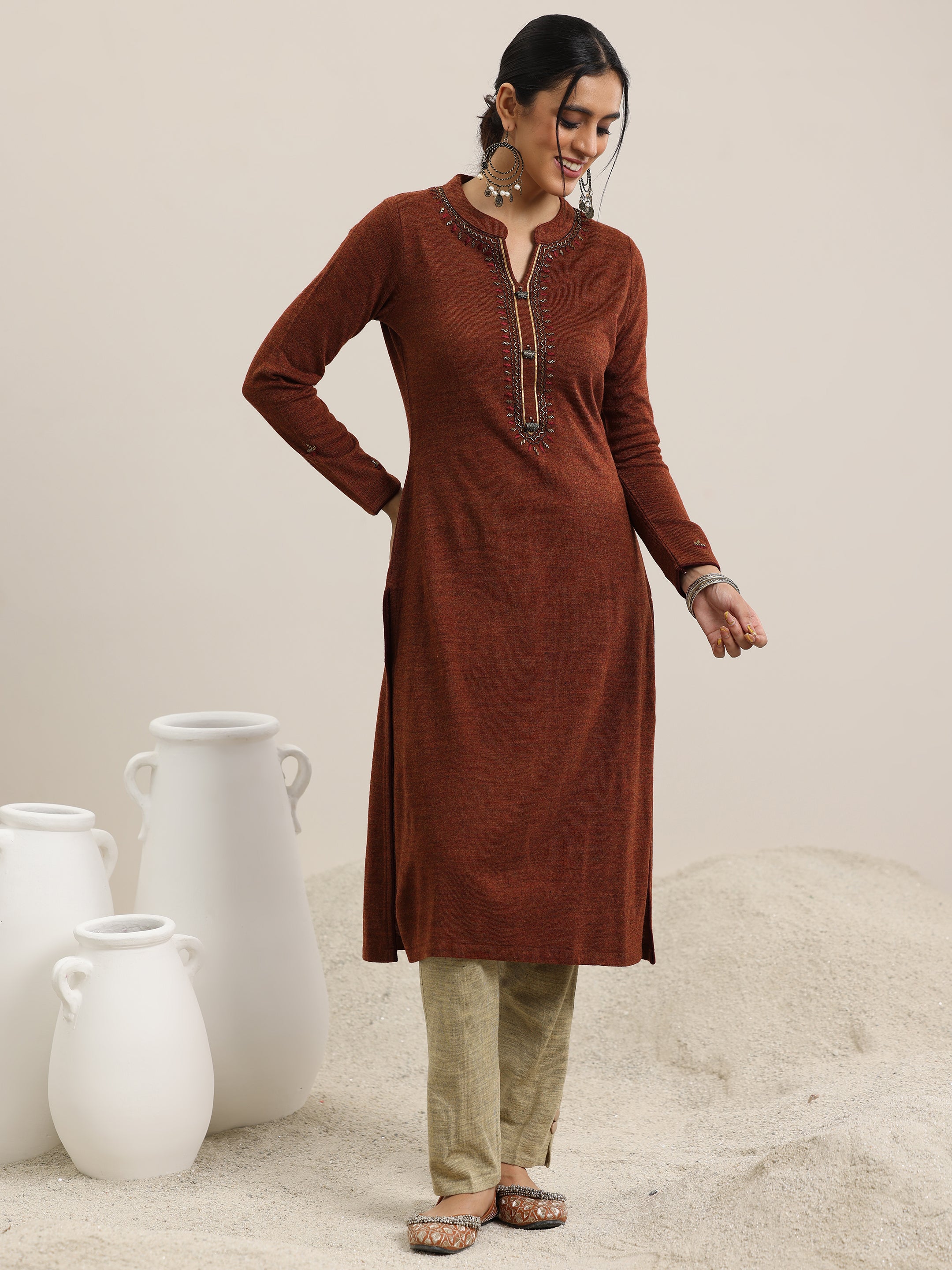 Rust Yoke Design Wool Straight Kurta