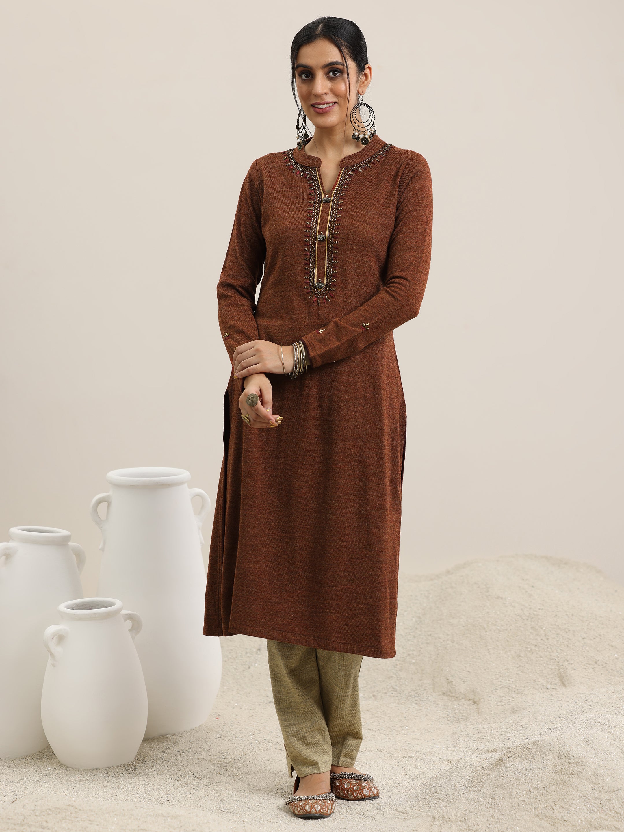 Rust Yoke Design Wool Straight Kurta