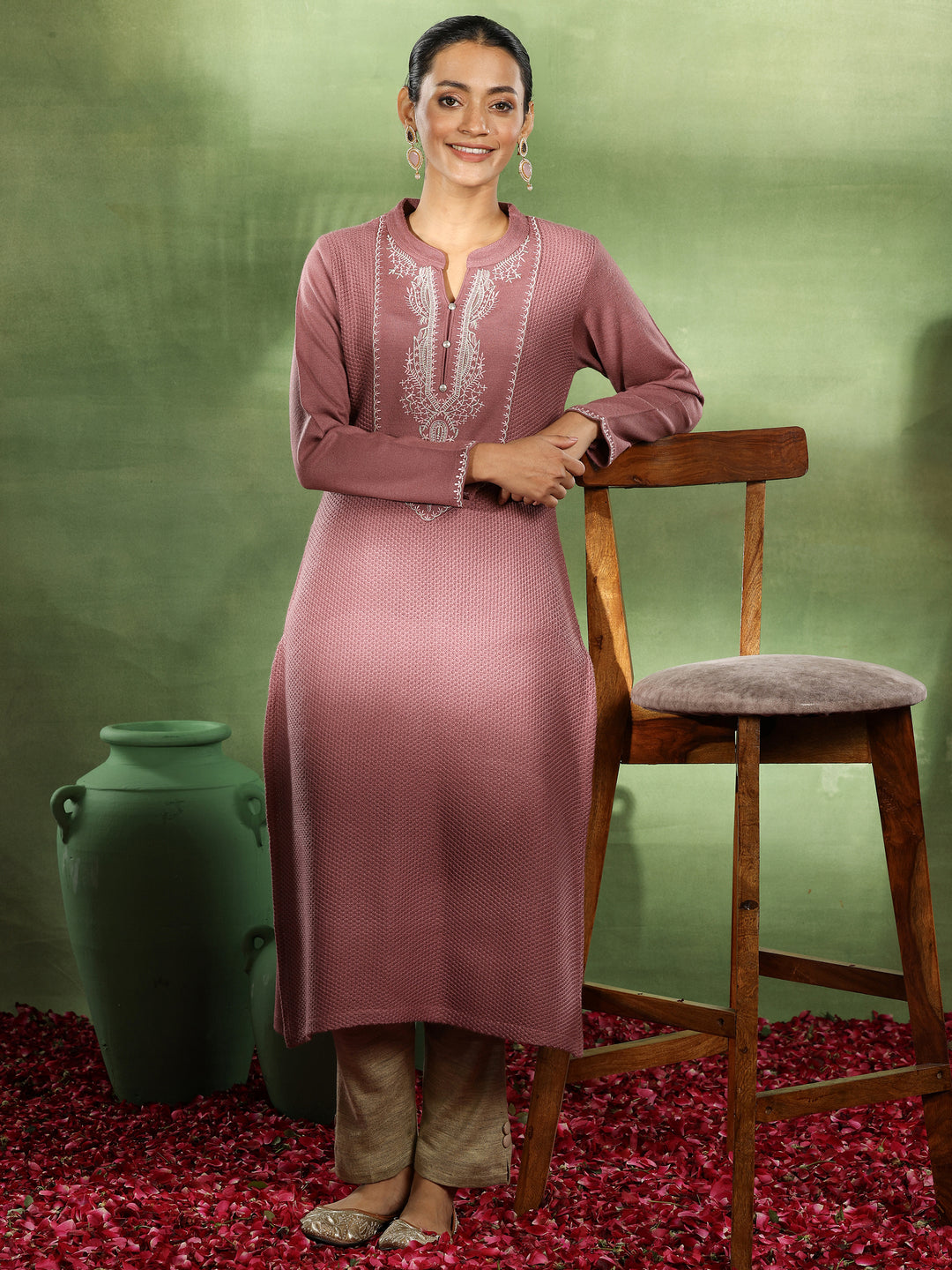 Pink Yoke Design Wool Straight Kurta