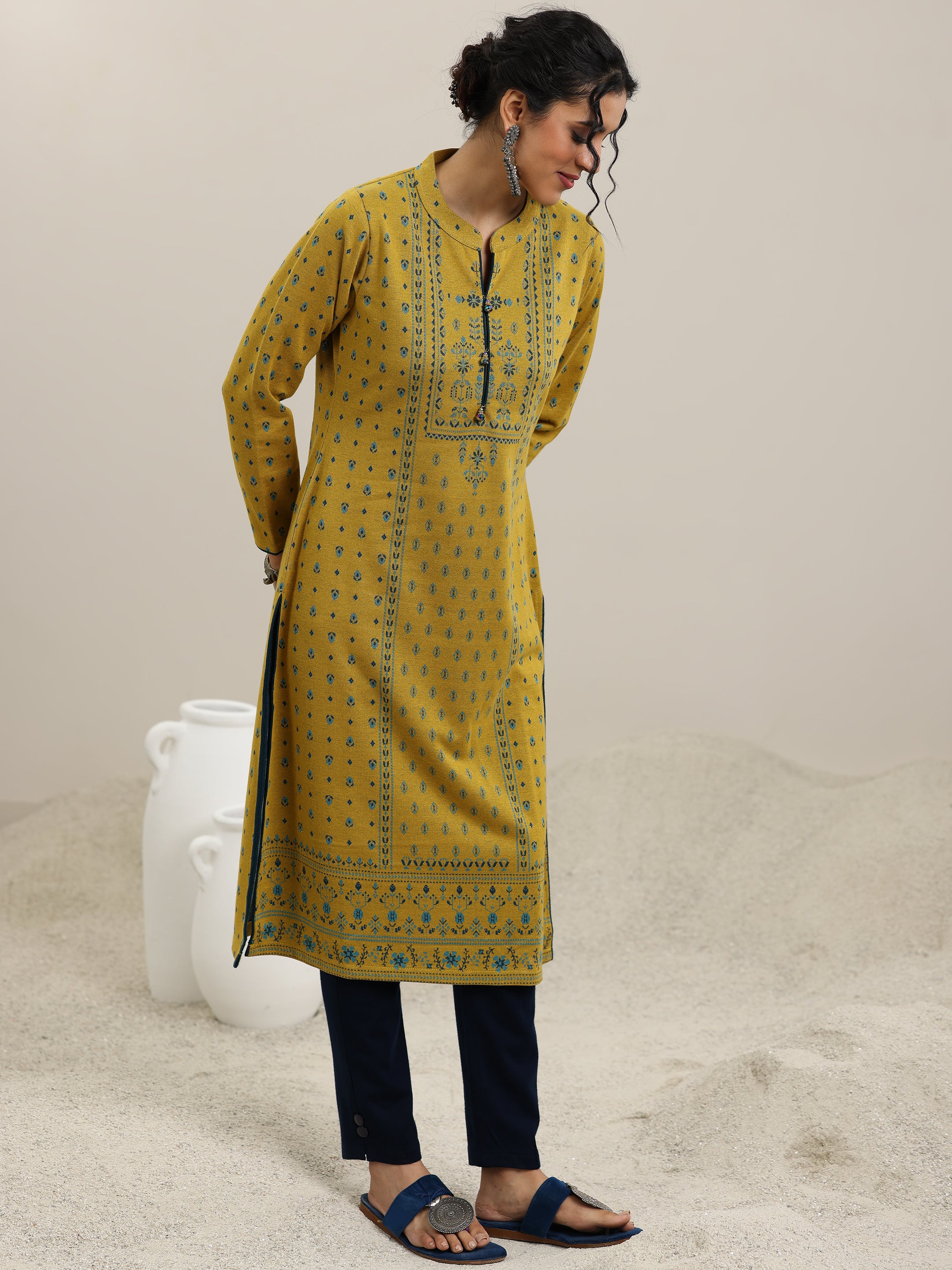 Mustard Woven Design Wool Straight Kurta