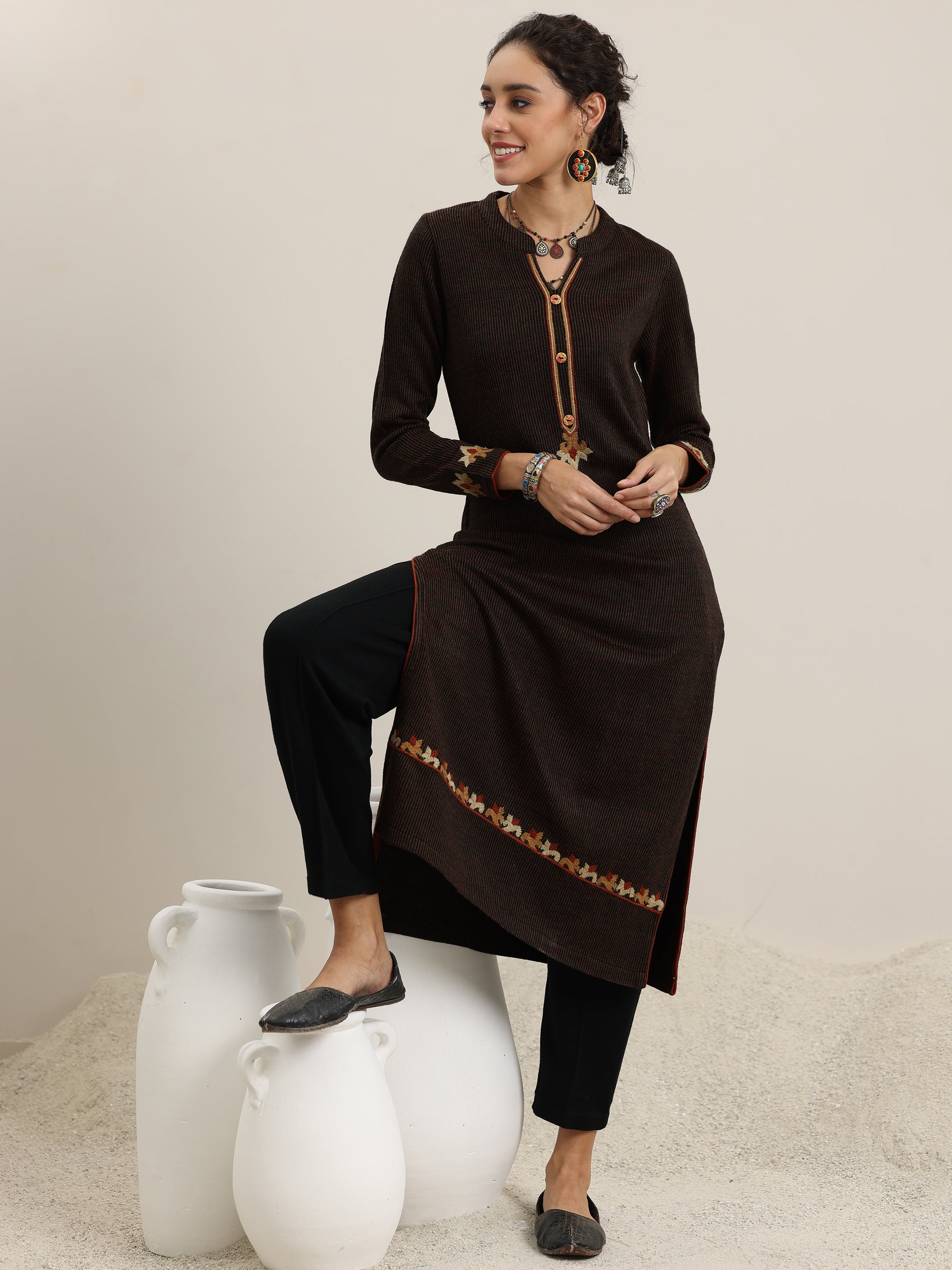 Black Embroidered Wool Straight Kurta