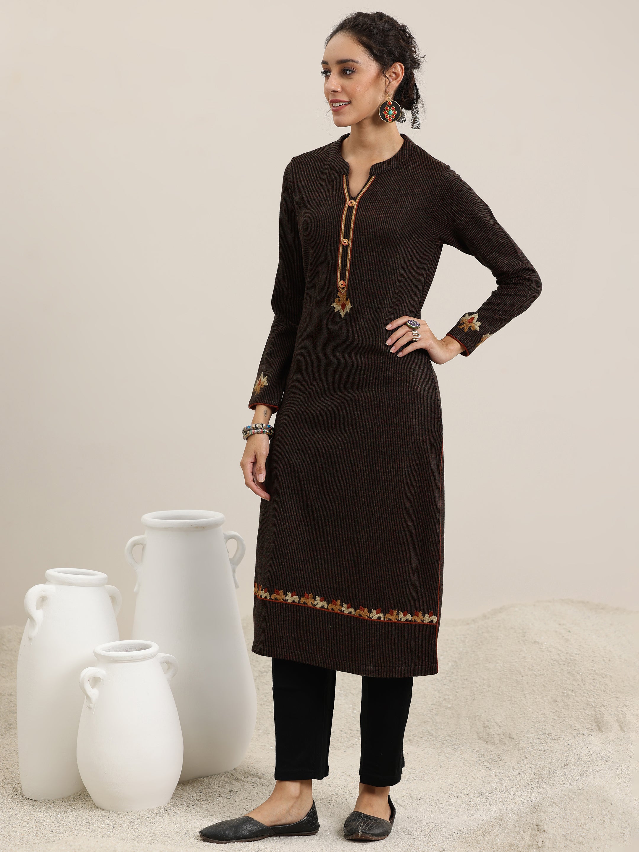 Black Embroidered Wool Straight Kurta