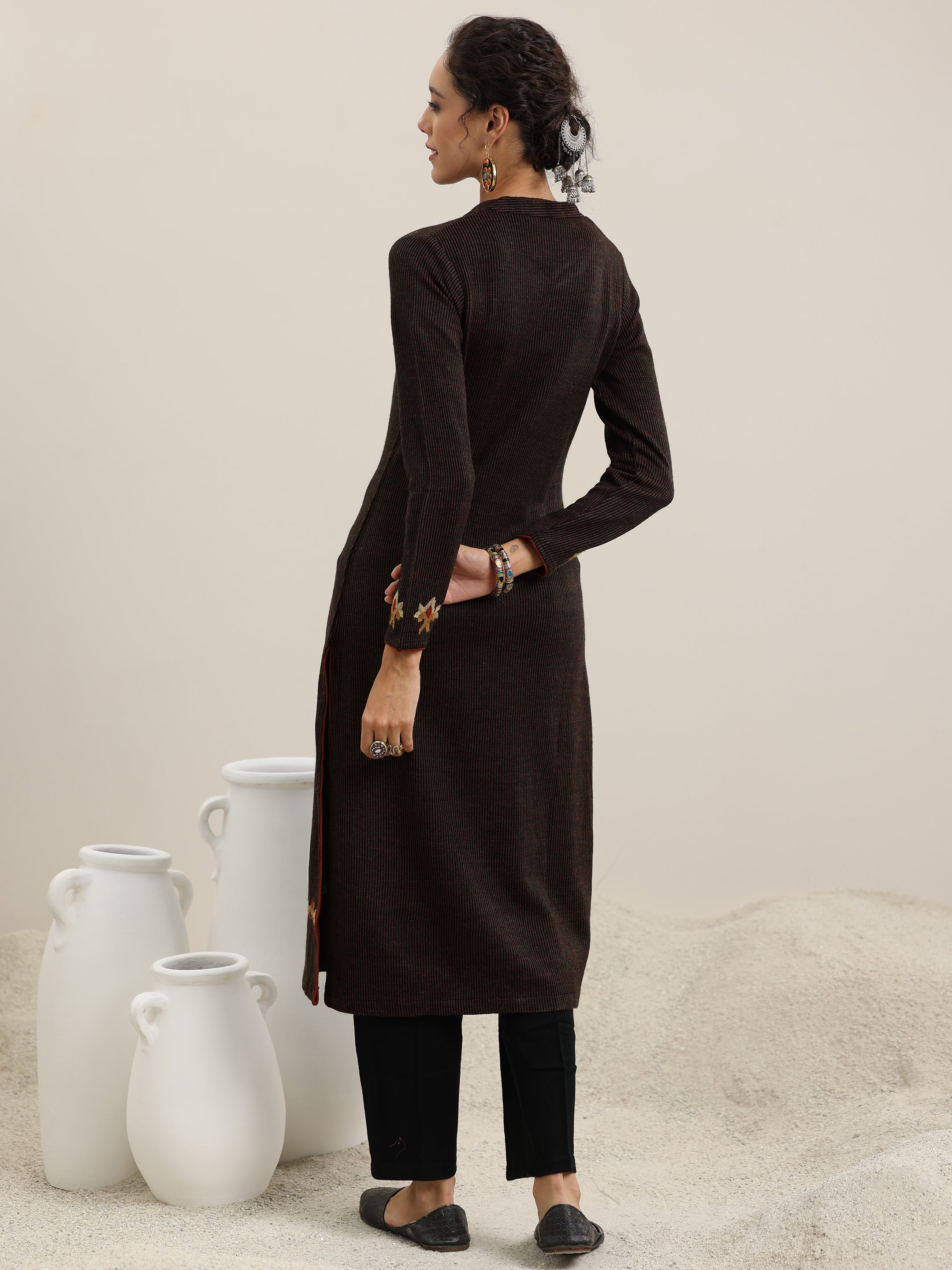 Black Embroidered Wool Straight Kurta