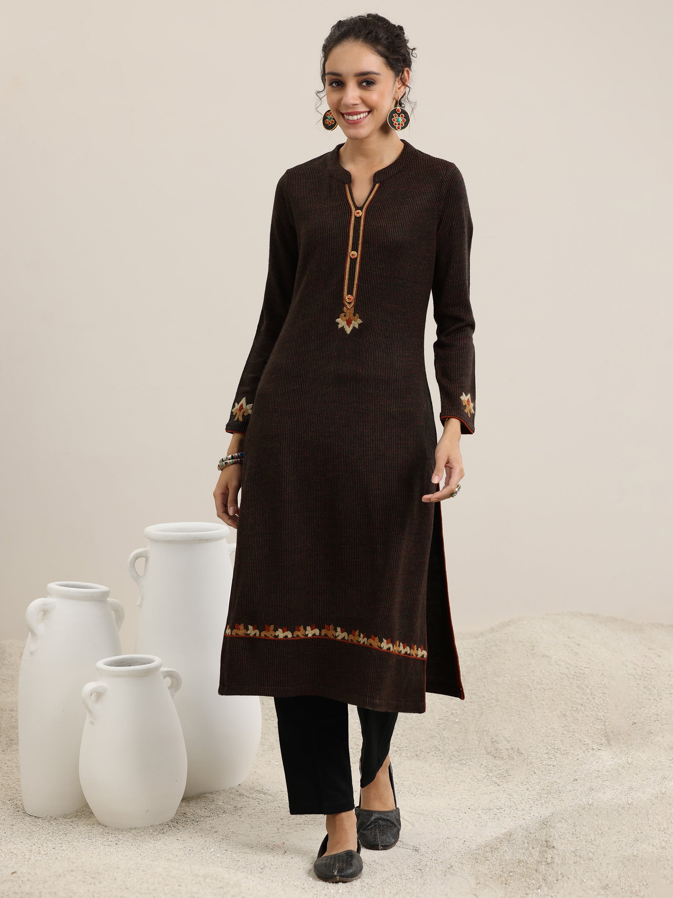 Black Embroidered Wool Straight Kurta