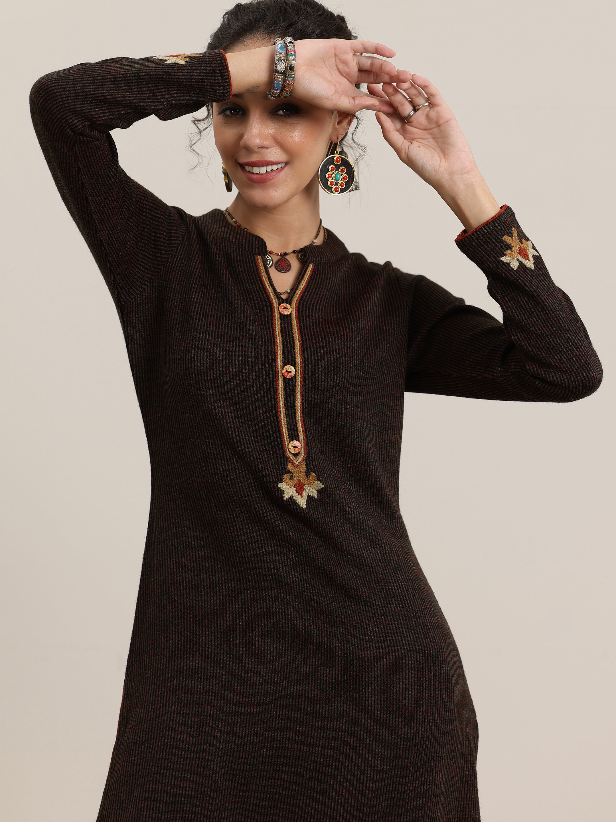 Black Embroidered Wool Straight Kurta