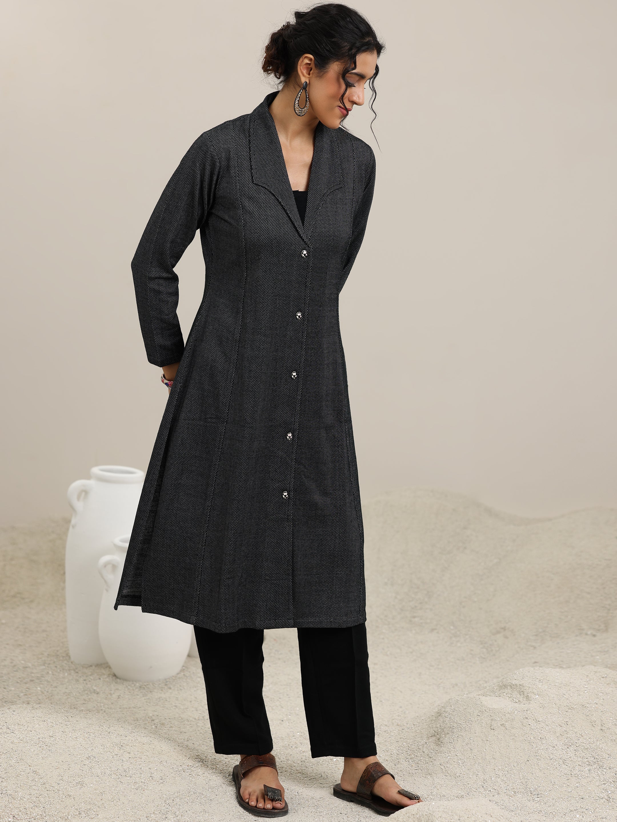 Black Woven Design Wool Straight Kurta