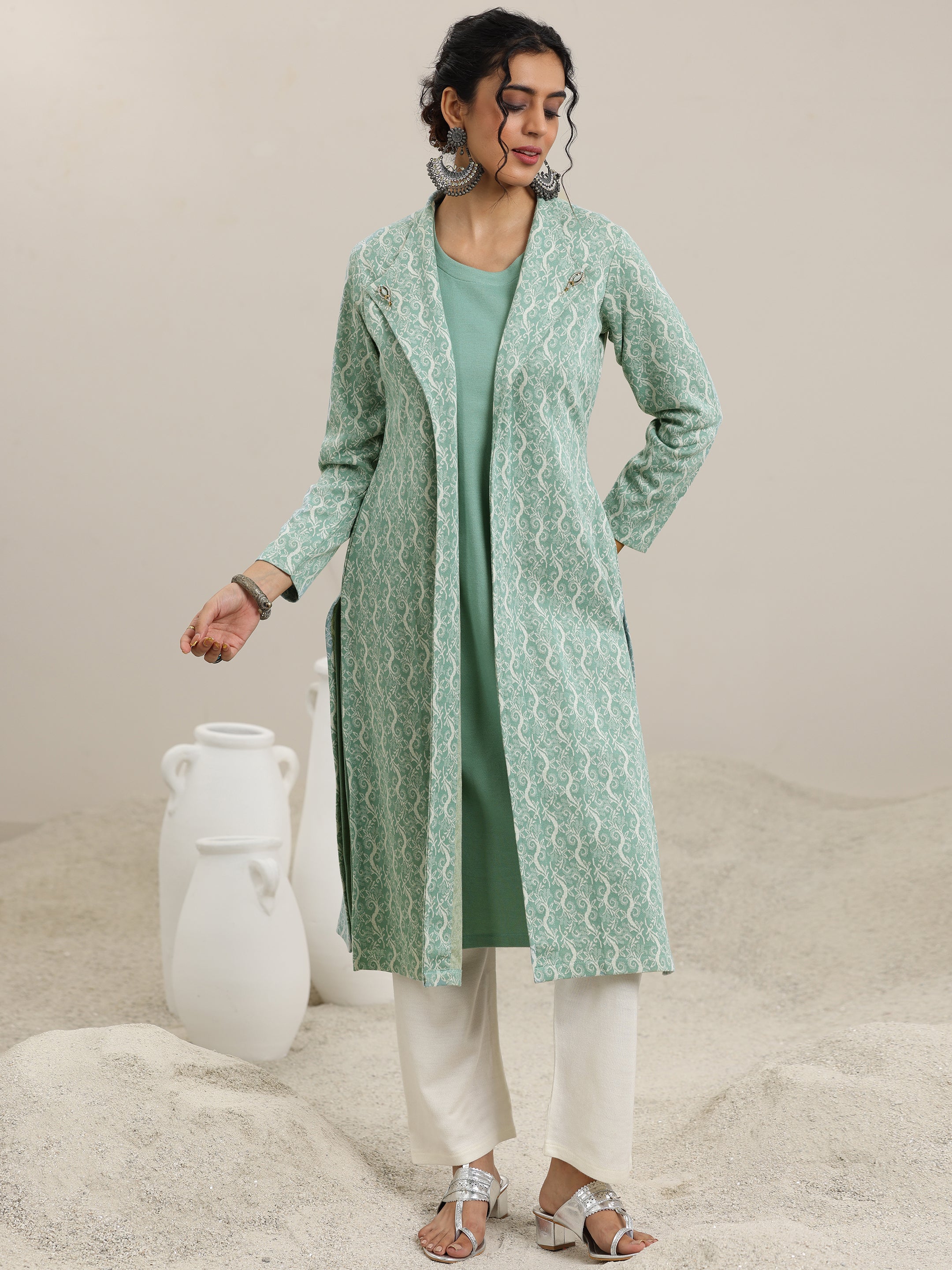 Green Solid Wool Straight Kurta