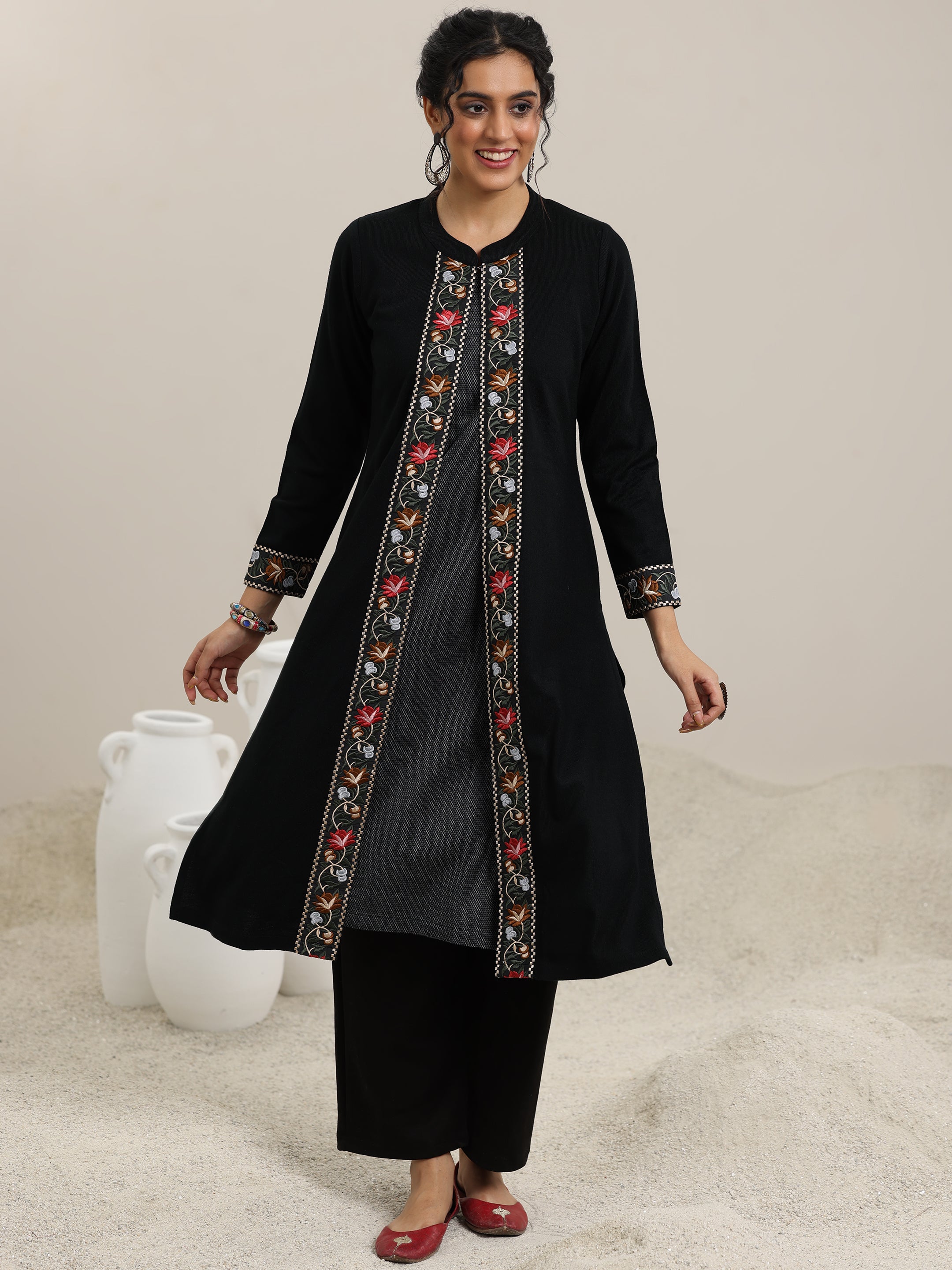 Black Embroidered Wool Straight Kurta