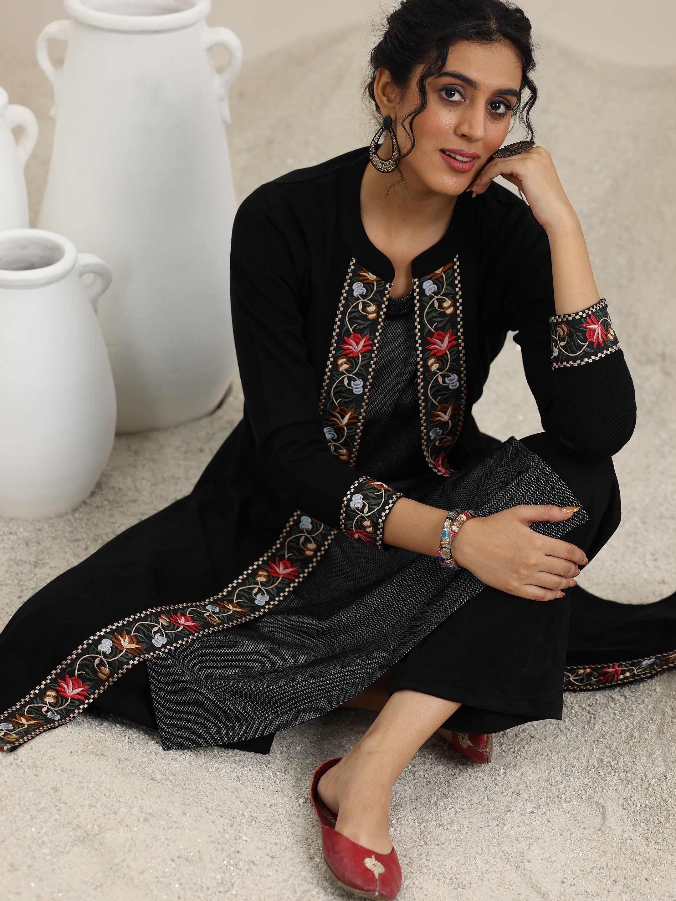 Black Embroidered Wool Straight Kurta