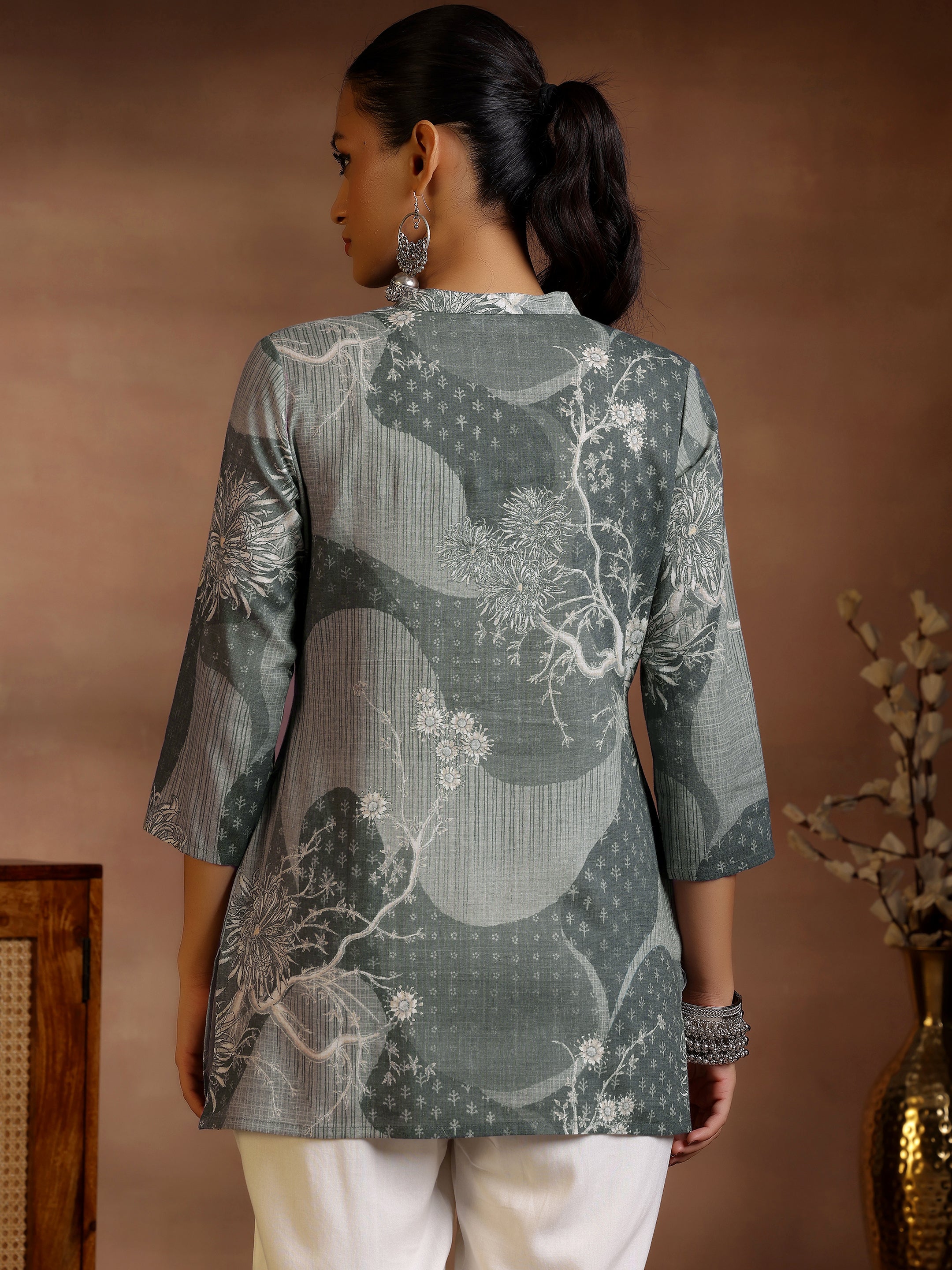 Grey Printed Linen Straight Kurtis