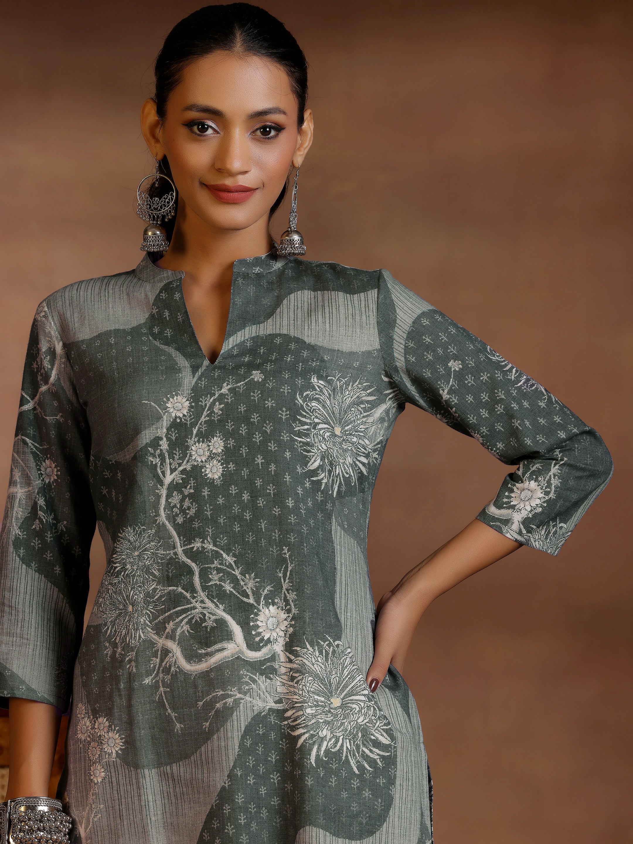 Grey Printed Linen Straight Kurtis