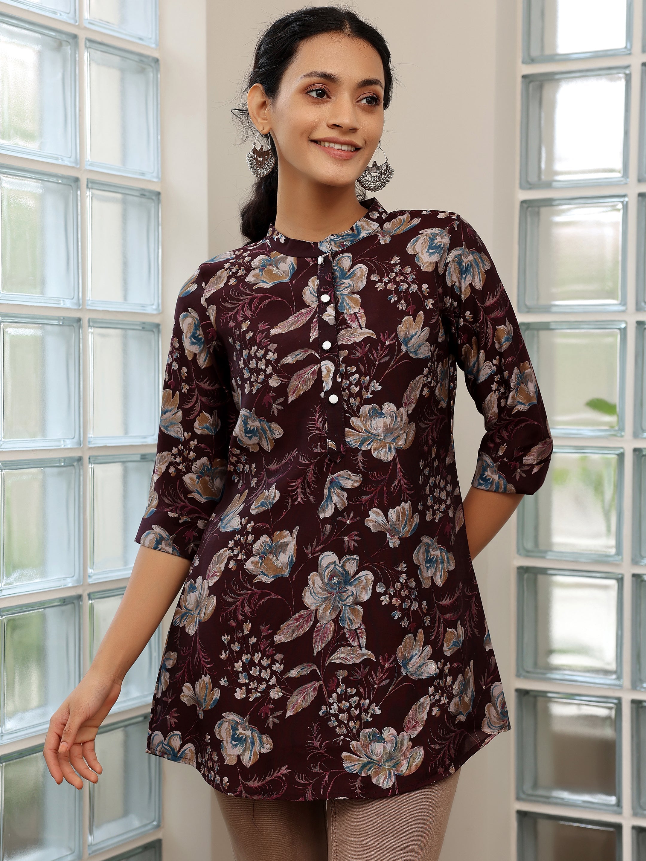 Wine Printed Silk Blend Straight Kurti