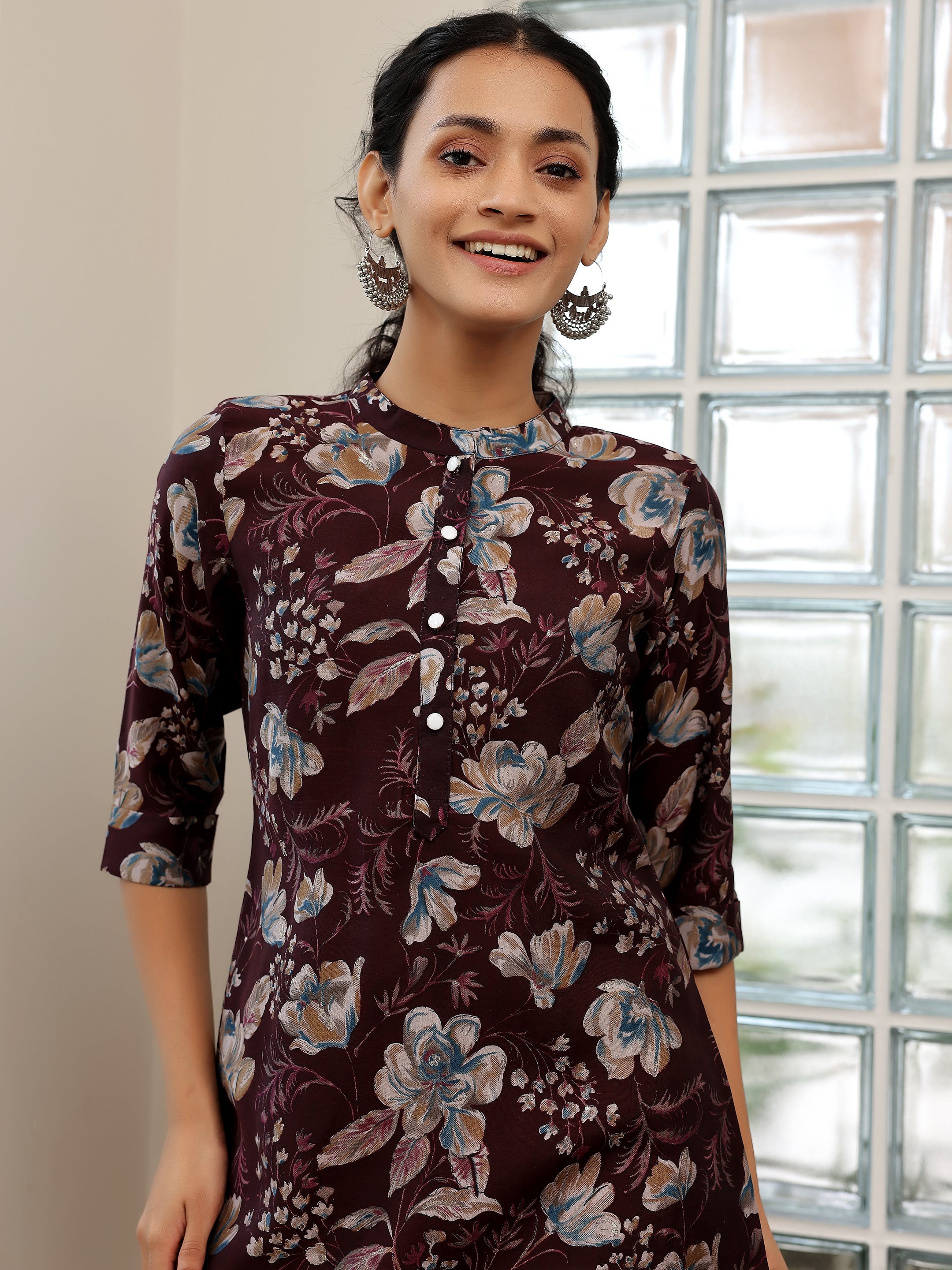 Wine Printed Silk Blend Straight Kurti