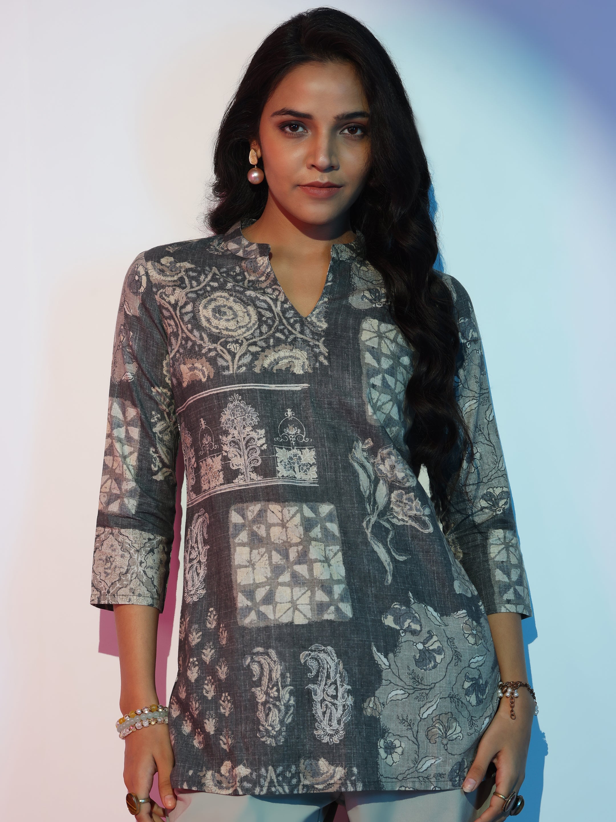 Grey Printed Linen Straight Kurti