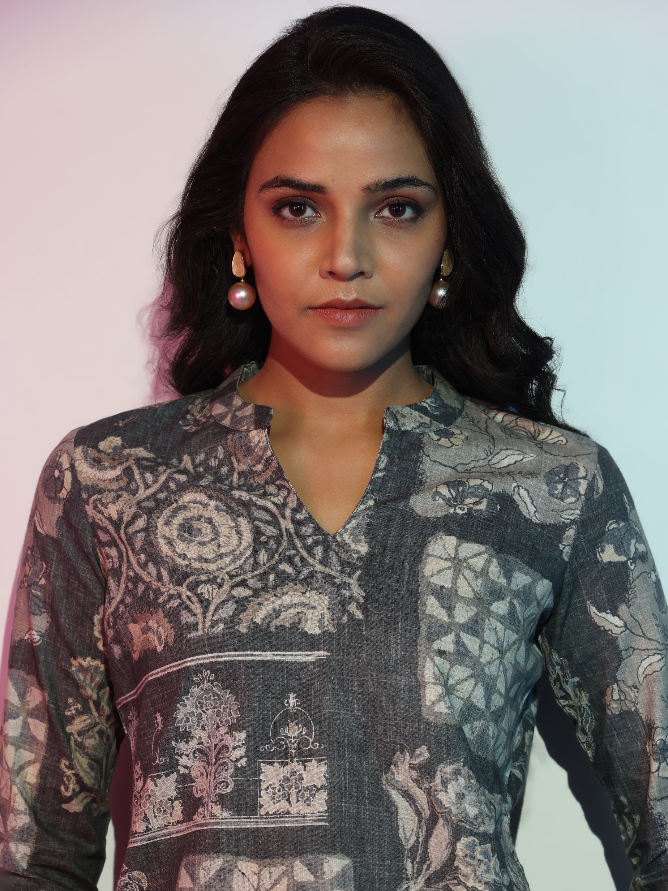 Grey Printed Linen Straight Kurti