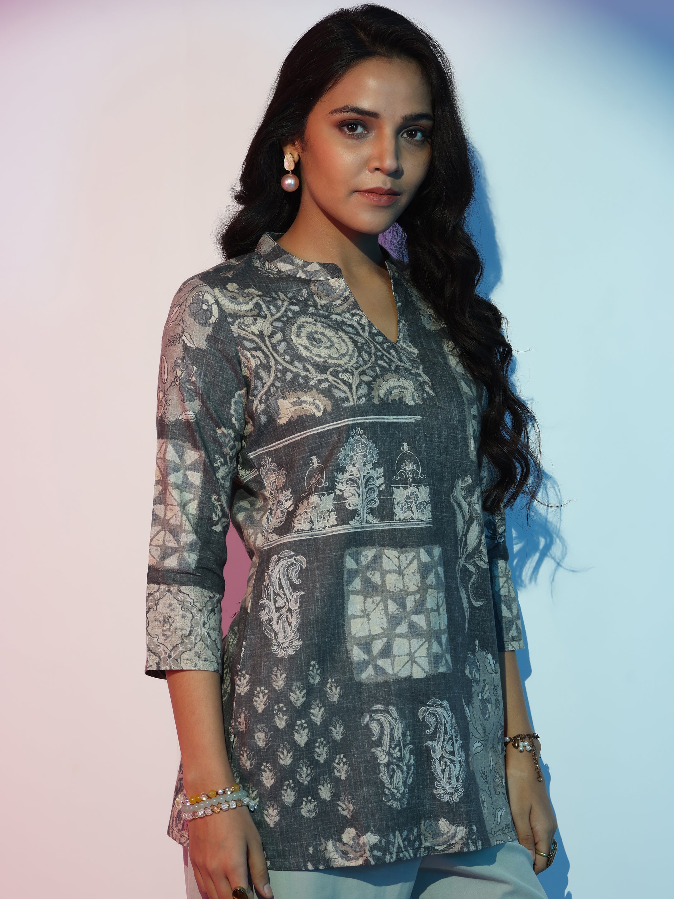 Grey Printed Linen Straight Kurti