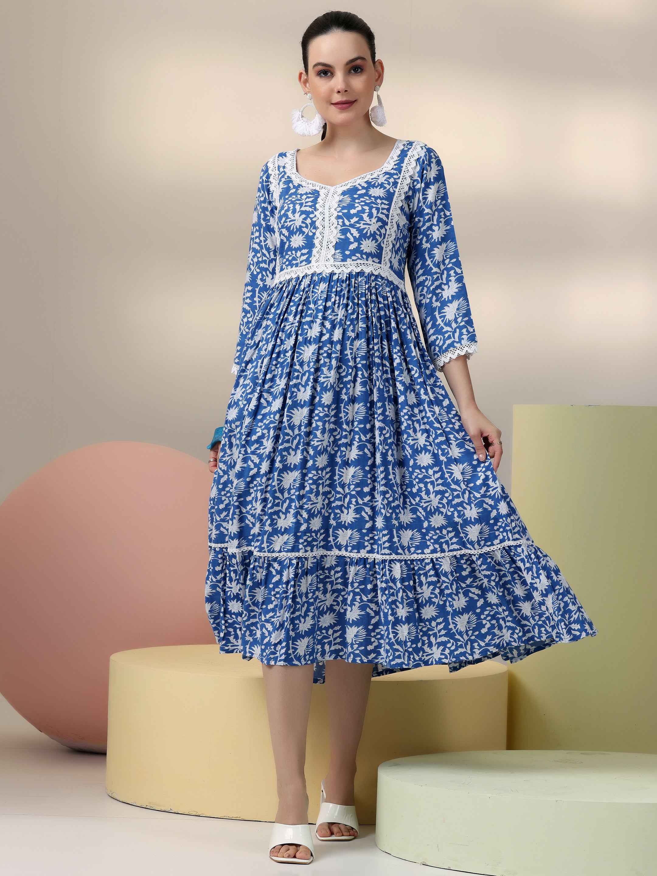 Indigo Printed Rayon Fit and Flare Dress