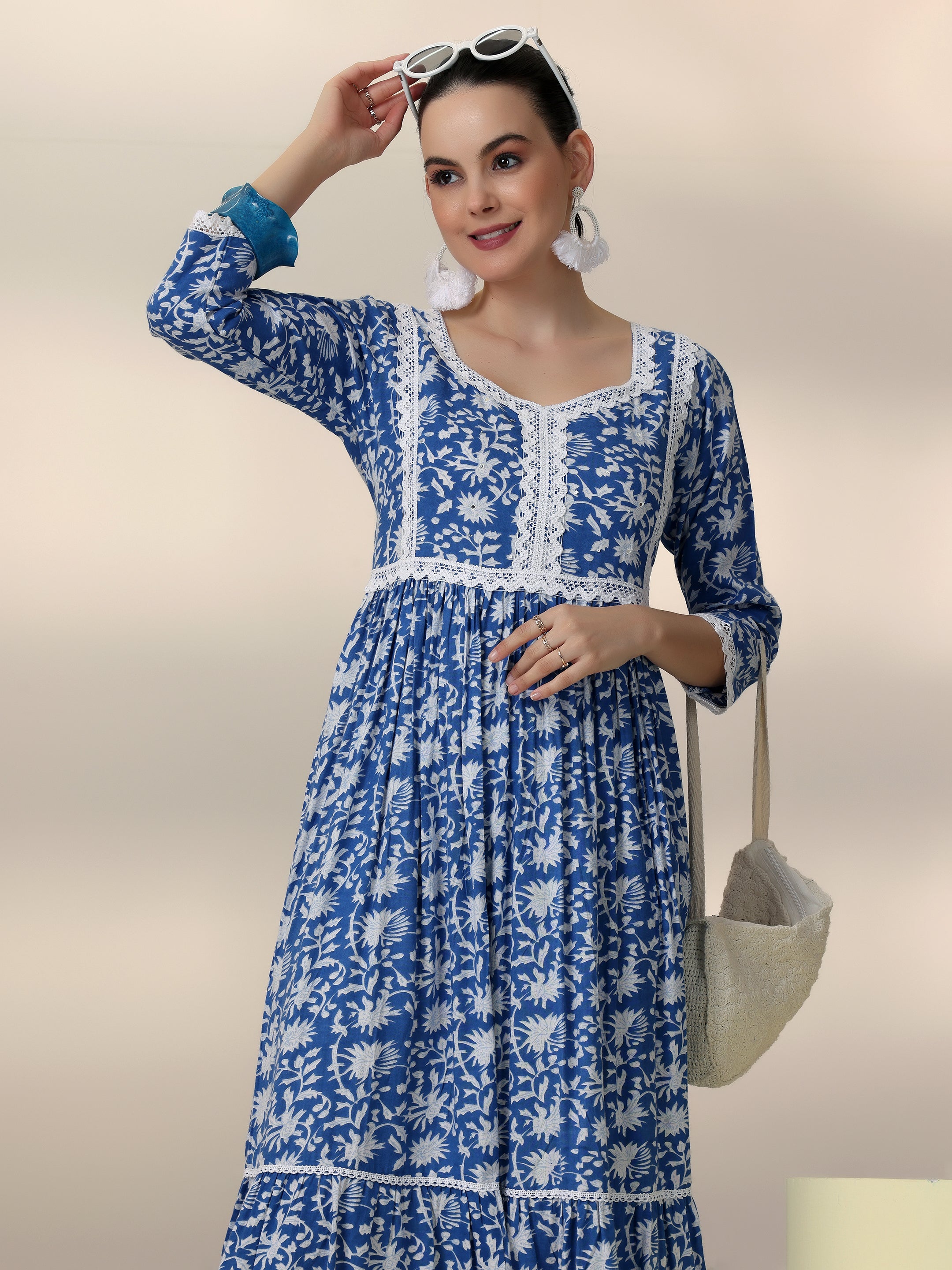 Indigo Printed Rayon Fit and Flare Dress