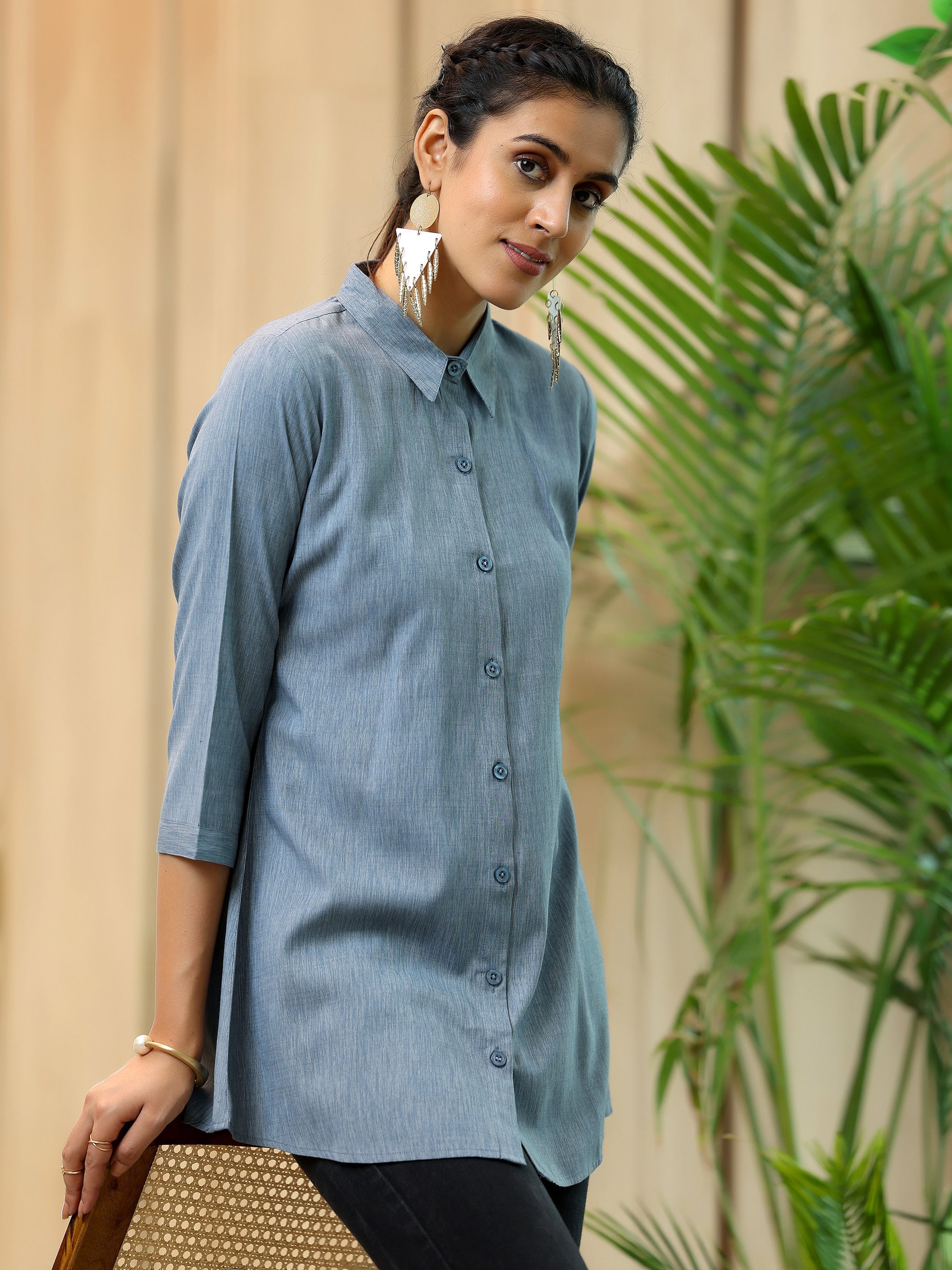 Grey Solid Cotton Blend Straight Kurti