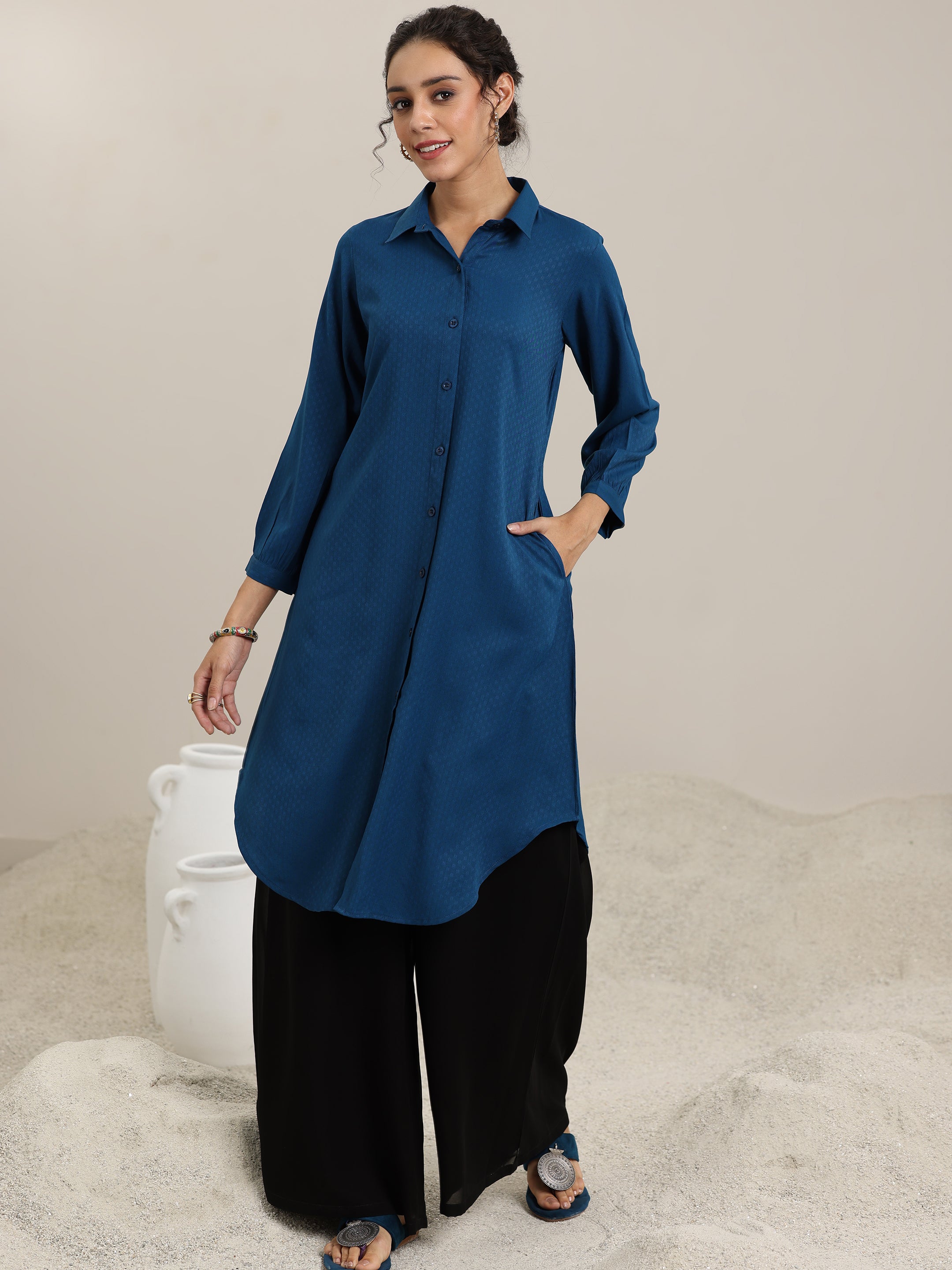 Teal Woven Design Cotton Blend Straight Kurti